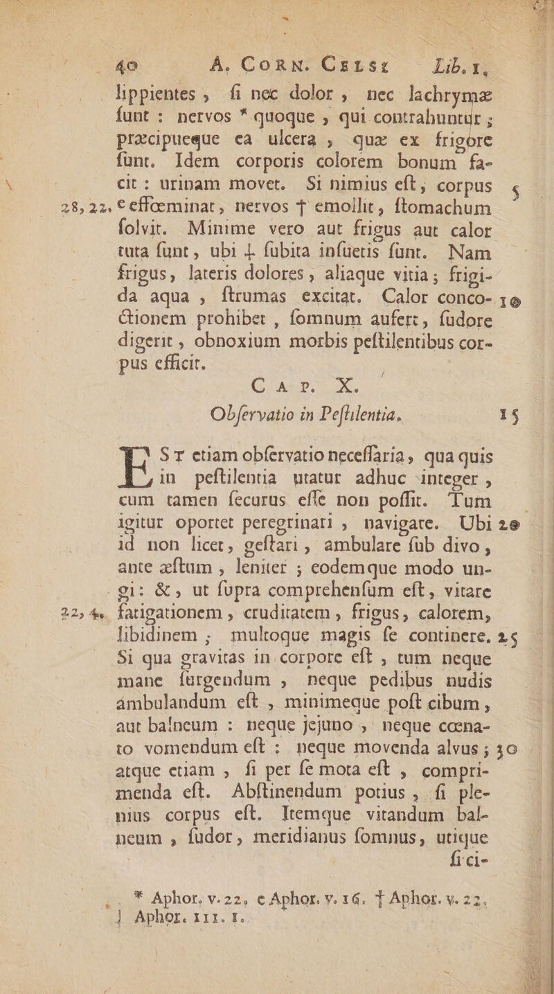 lippientes ,' fi nec dolor , nec lachryme funt : nervos * quoque ; qui contrabuntur ; przcipuegue ea ulcera , quz ex frigore funt. Idem corporis colorem bonum fa- cit: uripam movet. Si nimius eft, corpus $ 28, 22, € efloeminat, nervos f emollit, ftomachum folvit. Minime vero aut frigus aut calor tuta funt , ubi . fübita infüetis fünt. Nam frigus, lateris dolores , aliaque vitia ; frigi- da aqua , flrumas excitat. Calor conco- 1o &amp;ionem prohibet , fomnum aufer:, füdore digerit , obnoxium morbis peftilentibus cor- pus efficit. ( AUGP ION, Obfervatio in Pe(llentia. 15 S T ctiam obfervatio neceffaria, qua quis in peftilenia utatur adhuc integer , cum tamen íecurus effe non poffit. Tum —— igitur oportet peregrinari , navigate. Ubize | id non licet, geftari , ambulare füb divo , ante aftum , leniter ; eodemque modo un- gi: &amp; , ut fupra comprehenfüm eft, vitare 22, 4. fatigauonem , cruditatem , frigus, calorem, libidinem ; multoque magis fe continere. 25. | Si qua gravitas in corpore eft , tum neque | mane íuürgendum , neque pedibus nudis | ámbulandum eft , minimeque poft cibum , aut baíneum : neque jejuno ,' neque caena- to vomendum eft : neque movenda alvus ; atque etiam , fi per fe mota eft , compri- menda eft. Abftinendum potius , fi ple- nius corpus eft. Itemque vitandum bal- neum , fudor, meridianus fomnus, utique fi ci- * Aphor. v.22, e Aphor. y. x6. T Aphor. v. 22 ] Aphor. 1x1. r.