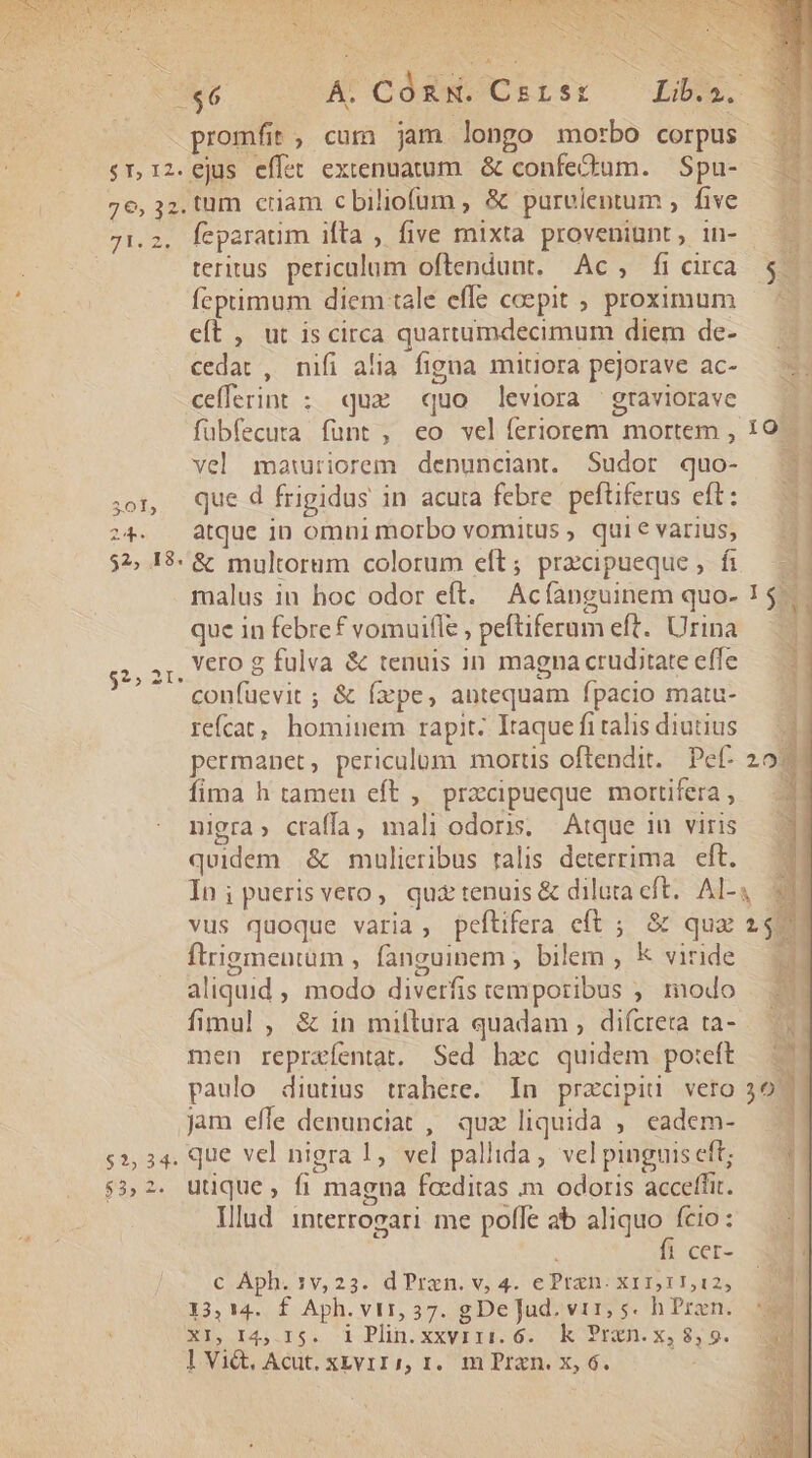 E b SO Á. CORN. CsrsE — Lb. promfit, cum jam longo morbo corpus sr,12.e6jus effet extenuatum. &amp; confectum. Spau- 76, 32. tum criam cbiliofum , &amp; purulentum , five 71.2. feparaum ifta ; five mixta proveniunt, in- ——— | teritus. pericalum oftendunt. Ac, frcira $ | fcptimum diem tale efle coepit ; proximum. eft , ut iscirca quartumdecimum diem de- —— cedat , mifi alia figna mitora pejorave ac- — —. cefferint : quz quo leviora graviorave fübfecuta funt, eo velíeriorem mortem , 19. vel mariorem denunciant. Sudor quo- ;or, Que d frigidus in acuta febre pefüiferus eft: — — z4. . atque in omnimorbo vomitus, quievarius, — $52, 1$: &amp; multoram colorum eft; pracpueque, fi.— malus in hoc odor eft. Acfanguinem quo- 198 que in febref vomuifle , peftiferum eft. Urina.— vero g fulva &amp; tenuis in magnacruditateeffe — ^. confuevit ; &amp; fxpe, antequam fpacio matu- reícat, hominem rapit. Itaque fi talis diutius permanet, periculum mortis oftendit. Pef- fima h tamen eft , przcipueque mortifera , nigra; craffa, mali odoris, — Atque iu viris quidem &amp; mulieribus ralis deterrima | eft. In; pueris veto, quz tenuis &amp; diluta eft. Al-: vus quoque varia, peftifera eft ;. &amp; qua $2 ftrigmentum , fanguinem , bilem , k viride — 1] aliquid , modo diverfis temporibus ;, modo |. .: fimul , &amp; in miftrura quadam , difcrera ta- — 1 men repraíentat. Sed hec quidem poteft 7. paulo diutius trahere. In pracipiü veto 2 jam effe denunciat , qux liquida ; eadem- — .] $3,2. utique, fi magna faeditas m odoris acceffit. — | Illud interrovari me pofle ab aliquo fcio: fi cr- 0H c Aph.1v,23. dPren.v, 4. ePrzn.xir,11,4:2, — 1] 33, 14. f Aph. vt1, 57. gDe ud. vir, s. hPron.. EE. I4,.:15. 1 Plin.xxvirt.6. Kk PIEZA. x, 8,9. ] Vi&amp;, Acut. xvrrs, t. mPran. x, 6. s 925» 21.