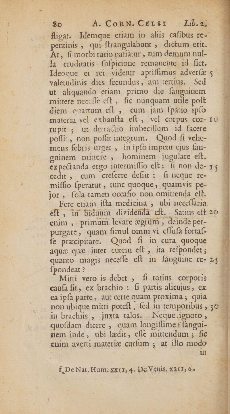 : Mart Et VERAS IEEN RA DER MELIORI SE ERU! ER $o . Á. CoRN. CEr st - Lb. pentünis, qui ftrangulabunt , dictum erit. At, fi morbi ratio patiatur , tum demum nul-- la crudiatis füfpicione. remanente. id. fiet. Ideoque ei rei videtur aptiffimus adveríz valetudinis dies. fecundus, aut tertius. Sed ut aliquando etiam primo die fanguinem mittere neceíTe eft , fic nunquam uule poft diem quartum eft , cum jam fpatio 1pfo materia vel exhaufta eft , vel corpus cor- rupit ; ut deiractio. imbecillam 1d facere poffit, non poffit integrum. — Qaod fi vehe- mens febris urget ,. in ipfo impetu ejus fan- guinem miuere , hominem jugulare eft. expectanda ergo intezmi(lio eft: fi non de- cedit ,. cum crefcere defit :.— fi neque. re- miffio fperatur, tunc quoque, quamvis pe- jor, fola tamen occafio non omittenda eft. Fere etiam ifta medicina , ubi neceffaria. eft, ij biduum dividéüidà eft. Satius eft enim , primum levare zprüm , deinde per- purgare, quam fimul omni vi effafa forta(- íe pracipitare. Quod fi in cura quoque aqux quz inter cutem eft , ita refpondet; quanto magis necefle eft in fanguine re- fpondeat ? Miti vero is debet , fi totius corporis caufa fit, ex brachio : fi partis alicujus, ex ca ipía parte, àut certe quam proxima ; quia non ubique mitti poteft, fed in temporibus , in brachiis , juxta talos. . Neque ignoro ; quofdam dicere , quam longiffime f (angui- nem inde, ubi ledit, effe mittendum ; fic enim averti materix curfum ; at illo modo ! in f£, De Nat. Hum; xx11, 4. De Venis, x11, 6»  5; 3 io Bj 1j 20 3