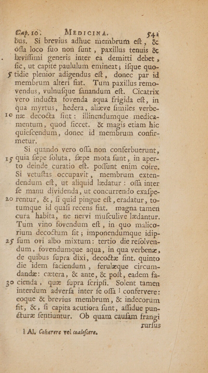 Cab.10. |. MEniciNA. $43 bus. Si brevius adliuc membrum eft, &amp; ófla loco fuo non funt, paxillus tenuis &amp;c leviffumi generis inter ea demitti debet, . fic, ut capité paululum emineat; ifque quo- $ tidie plenior adigendus eft, donec par id membrum alteri fiat. Tum paxillus remo- vendus, vulnufque fanandum eft. Cicatrix vero inducta fovenda aqua frigida eít, in qua myrtus, hedera, alizve fimiles verbe- Ie nz decoQa fint: illinendumque . medica- mentum, quod ficccet. &amp; magis etiam hic quiefcendum, donec id membrum confir- metur. . Si quando vero offa non conferbuerunt, 1$ quia fepe foluta, fxpe mota funt, in aper- to deinde curatio eft. poffunt enim coire. Si vetuftas occupavit, membrum exten- dendum eft, ut aliquid ldatur: offa inter íe manu dividenda, ut concurrendo exafpe- 20 rentur, &amp;, íi quid pingue eft , eradatur , to- tumque id quafi recens fiat. magna tameri cura habita, ne nervi miufculive lzdantur. Tum vino fóvendum eft, in quo malico- rium decoctum fit; imponendumque idip- 25 fum ovi albo mixtum: tertio die reífolven- dum, fovendümque aqua, in qua verbenz, de quibus fupra dixi, deco&amp;tz fint. quinto die idem faciendum , feruleque circum- dandz: cxtera, &amp; ante, &amp; poít, eadem fa- 3o cienda, quz íupra ícripfi. Solent tamen interdum advería inter fe offa 1 confervere: eoque &amp; brevius membrum, &amp; indecorüm fit, &amp;; f1 capita acutiora funt, affidue pun- éturz fentiuntur. Ob quam caufam frangi ruríus