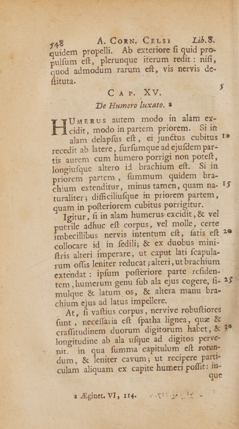 » vr 48 A. ConN. Crrsi Li5.8. quidem propeli. Ab exteriore fi quid pro- pulfum eft, plerunque iterum redit : nifi, quod admodum rarum eft, vis nervis de- ftituta. | CA. XV, * De Humero luxato. à. — y YUMERUS autem. modo in alàm ex- Hai. modo in partem priorem. Si im alam delapfus eft, ei junctus cubitus I? recedit ab latere, furfumque ad ejufdem par- tis aurem cum humero porrigi non poteft, longiufque altero i4 brachium eft. Si in priorem partem , fümmum quidem bra- chium extenditur, minus tamen, quam na- 15 turaliter; difficiliufque :n priorem partem, quam in pofteriorem cubitus porrigitur. Igitur, fi in alam humerus excidit , &amp; vel uerie adhuc eft corpus, vel molle, certe imbecilibus nervis intentum eft, íatis eft 29 . collocare id in fedili; &amp; ex duobus mini- flris alteri imperare, ut caput lati fcapula- rum offis leniter reducat ; alteri, ut brachium extendat; ipfum pofteriore parte rcfiden- tem , humerum genu fub ala ejus cogere, fi- 25 mulque &amp; latum os, &amp; altera manu bra- | chium cjus ad latus impellere. .— At, fi vaftius corpus , nervive robuftiores (unt, necéffaia eft fpatha lignea, qua &amp; . craffitudinem duorum digitorum habet, &amp; 3? longitudine ab ala ufque ad digitos perve- nit. in qua fumma capitulum eft rotum- dum, &amp; leniter cavum; ut recipere parti- culam aliquam ex capite humeri poffit: in- quc a JEginet, VI, 1144. — ^U BU s