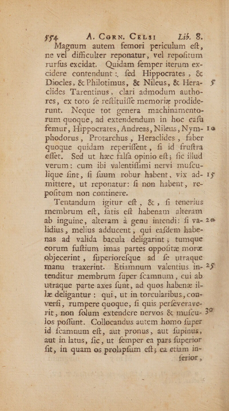 Magnum autem femori periculum eft, ne vel difficulter reponatur, vel repofitum rurfus excidat. Quidam femper iterum ex- cidere contendunt:, fed Hippocrates , &amp; Diocles, &amp; Philotimus, &amp; Nileus, &amp; Hera- clides Tarentinus, clari admodum autho- res, ex toto fe reítituifle memoriz prodide- runt. Neque tot genera machinamento- rum quoque, ad extendendum in hoc cafü femur, Hippocrates, Andreas, Nileus, Nym- phodorus, Protarchus, Heraclides , faber quoque quidam reperiffent , fi id fruftra eflet. Sed ut hzc falfa opinio eft; fic illud verum: cum ibi valentiffimi nervi mufcu- lique fint, fi fuum robur habent, vix ad- mittere, ut reponatur: fi non habent, re- pofitum non continere. Tentandum igitur eft, &amp;, íi tenerius membrum eft, íatis eft habenam alteram ab inguine, alteram à genu intendi: fi va- lidius, melius adducent, qui eafdem habe- nas ad valida bacula deligarint ; tumque eorum fuftium imas partes oppofita mora Objecerint , füperiorefque ad íe utraque manu traxerint | Etiamnum valentius in- tenditur membrum fuper fcamnum , cui ab utraque parte axes funt, ad quos habenz il- le deligantur : qui, ut in torcularibus, coa- verfi, rumpere quoque, fi quis períeverave- rit,non folum extendcre nervos &amp; mufcu- los poffunt. Collocandus autem homo fuper id ícamnum eft, aut pronus, aut fupinus, aut in latus, fic, ut femper ea pars fuperior fit, in quam os prolapfum eft; ca etiam in- | feror , IG