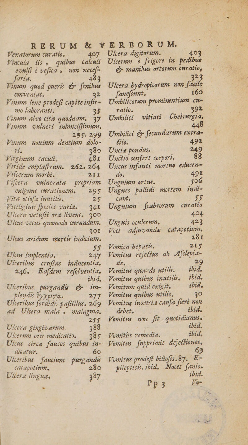 Vexatorum cur atio. 407 Vinula ids» quibm calculi evulfi à vefica ,. mon. nece[- feria. 48 Vinum quod pueris d fenibus conveniat. 32 Vinum lene prodeft capite infir- ?no laboranti. 5$ Vinum alvo cite quodnam. 37 Finmm wulaeri inimid[Jmmum. 295. 299 Vinwm muoxium dentium dolo- fi. 390 Virginum caculi. 481 Viride emplaffrum. 262.264 Vifterum morbi. 21I Vifilera wmlnerata . propriam exigunt (rationem. — 295 Vita otiofa inutili, 2 Vitiligints fpecies varie. — 341 Ukerrs vetufti ora livent, 300 U/cus vetus quomodo cirandum. 201 U/lcus avidum morttzs indicium. 55 Ukus impentia. 247 Ulceribus cruflas | inducentia, 246. Eafdem refolventia. ibid. Ukeribus puzanda d» im- plendi gyypiga. 277 Ukeribus fordidis paftillus, 269 ad Uktera mala ; malagma. 255 U?cera gingivarum 388 Ukerum ori medicati, — 385 Uleus circa fauces quibus. ia- disatur. 6o Uheribus famim purzands cat apotium, 280 Ukera lingua, 397 o Ulcerum &amp; frigore im pedibus Q» manibus ortorum curatio, 323 Ulcera bydropicorum non facile fanefiunt. 160 Uznbilicorum prominentium. cu- ratio. 392. Umbilici vitiati | Cheiiurgia. 448 Umbilici d» feeandarum extra- &amp;io. 492 Unciz pondus. 249 Undfio confert corpori. 98 Uzcus infanti mortte. educen- do. 49r Ungnuium ortus. 506 Ungues pallidi mortem. indi- cant. : $5 Unguiwm —fcabrorum | curatio 404 Unguis octlerum. 423 Vod adjwvanda catapotimm. E Vomica hepatrs. 215 Vomitus vejetlus ab .Afclepia- ae. 29 Vomitus quazdo utilis. ibid. Vomitus quibus inntilu. ibid. Vomitum quid exigit. ili, Vomritus quibus utilis. 39 Vomitug luxuria caufa fieri non debet, ibid. Vomitus mon fit. quotidianus. ibid. Vomiths remedia. ibid. Vomitus fupprimit dejettiones. Vomitus prodeft biliofs.87, E- pilepticis. ibid. Noct. fanis. ibid. Pp 3 Pe-