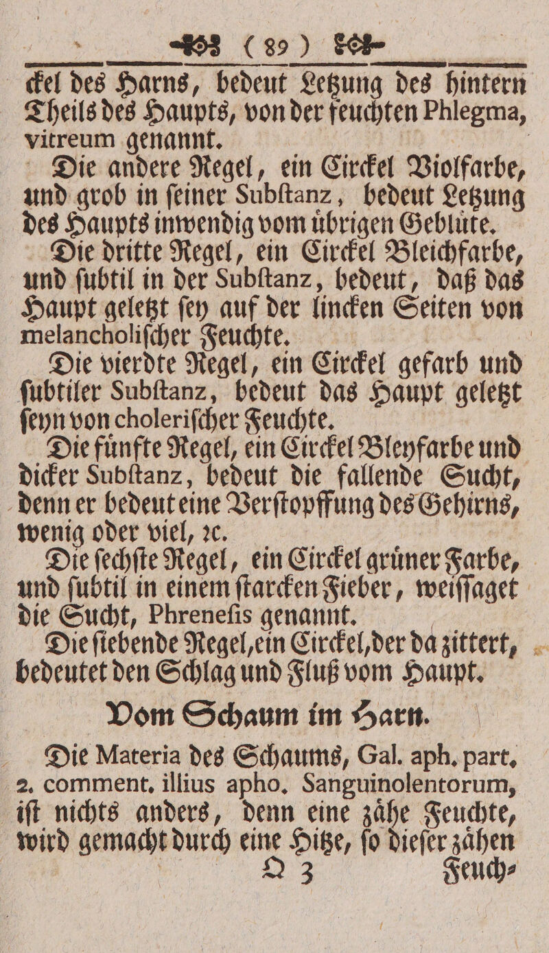 tee ckel des Harns, bedeut Letzung des hintern vitreum genannt. 74 5 Die andere Regel, ein Circkel Violfarbe, und grob in ſeiner Subſtanz, bedeut Letzung des Haupts inwendig vom uͤbrigen Gebluͤte. Die dritte Regel, ein Circkel Bleichfarbe, und ſubtil in der Subſtanz, bedeut, daß das melancholiſcher Feuchte. | Die vierdte Regel, ein Circkel gefarb und ſubtiler Subſtanz, bedeut das Haupt geletzt ſeyn von choleriſcher Feuchte. dicker Subſtanz, bedeut die fallende Sucht, denn er bedeut eine Verſtopffung des Gehirns, wenig oder viel, ꝛc. die Sucht, Phreneſis genannt. BR: Die fiebende Regel, ein Circkel, der da zittert, bedeutet den Schlag und Fluß vom Haupt. Vom Schaum im Harn. Die Materia des Schaums, Gal. aph. part. 2. comment. illius apho. Sanguinolentorum, iſt nichts anders, denn eine zaͤhe Feuchte, wird gemacht durch eine Hitze, ſo dieſer zaͤhen , wer Feuch⸗ a,