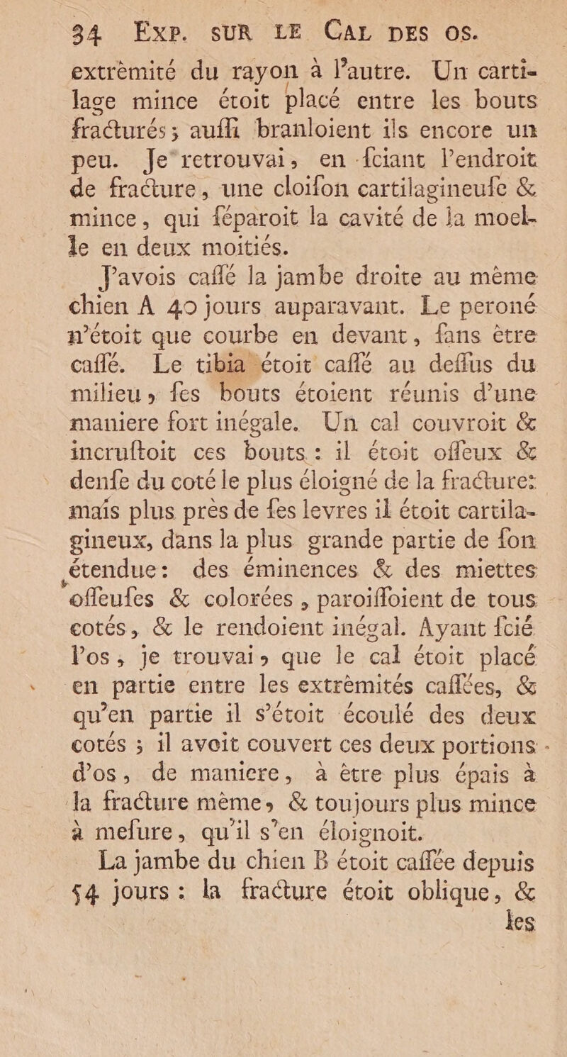 extrèmité du rayon à l’autre. Un carti- lace mince étoit placé entre les bouts fratturés ; aufli branloient ils encore un peu. Je‘retrouvai, en ‘{ciant l’endroit de fracture, une cloifon cartilagineufe &amp; mince, qui féparoit la cavité de ja moel- le en deux moitiés. Javois café la jambe droite au mème chien À 40 jours auparavant. Le peroné m’étoit que courbe en devant, fans être caflé. Le tibia étoit café au deflus du milieu fes bouts étoient réunis d’une maniere fort inégale. Un cal couvroit &amp; incruftoit ces bouts. : il étoit offeux &amp; denfe du coté le plus éloigné de la fracture: mais plus près de fes levres il étoit cartila- gineux, dans la plus grande partie de fon étendue: des éminences &amp; des miettes ‘ofleufes &amp; colorées , paroïfoient de tous cotés, &amp; le rendoient inégal. Ayant {cié Vos, je trouvai, que le cal étoit placé en partie entre les extrèmités caflées, &amp; qu’en partie il S’étoit écoulé des deux cotés ; il avoit couvert ces deux portions - d'os, de maniere, à être plus épais à | la fracture même , &amp; toujours plus mince à mefure, qu'il s’en éloignoit. La jambe du chien B étoit caffée depuis $4 jours : la fracture étoit oblique, &amp; les