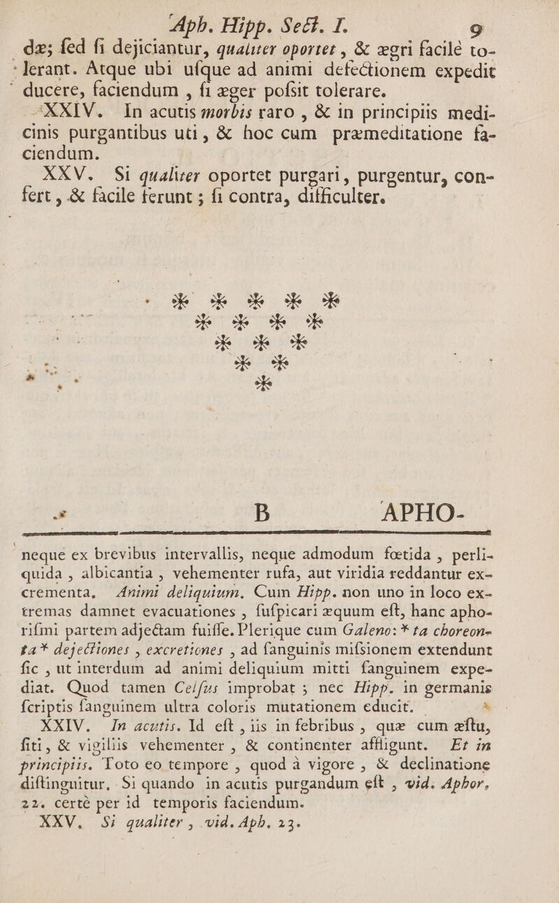 . dz; fed f1 dejiciantur, quaürer oportet , & xgri facil to- : lerant. Atque ubi ufque ad animi defectionem expedit ' ducere, faciendum , fi eger pofiit tolerare. SXXIV. In acutis sorbis raro , & in principiis medi- cinis purgantibus uti, & hoc cum prameditatione fa- ciendum. | XXV. Si qualizer oportet purgari, purgentur, con- fert , .& facile ferunt ; f1 contra, difficulter. JP ED ED - ce Ge GR cd y * , (^ m APHO- neque ex brevibus intervallis, neque admodum foetida , perli- quida , albicantia , vehementer rufa, aut viridia reddantur ex- crementa, — Animi deliquium, Cum Hipp. non uno in loco ex- tremas damnet evacuationes , fufpicari zquum eft, hanc apho- rifmi partem adJectam fuiffe. Plerique cum Galeno: * ta chboreon- ta* dejecfiones , excretiones , ad fanguinis mifsionem extendunt fic , ut interdum ad animi deliquium mitti fanguinem expe- diat. Quod tamen Ce/fzs improbat ; nec Hipp. in germanis fcriptis fanguinem ultra coloris mutationem educit. | ^ XXIV. In acutis. ld eft , iis in febribus , que cum zftu, fiti, & vigiliis vehementer , & continenter affügunt. —Ef im principiis. Toto eo tempore , quod à vigore , & declinatione diftinguitur. Si quando in acutis purgandum eft , vid. Apbor, 22. certé per id. temporis faciendum. XXV. Si qualiter , vid. Apb. 23.