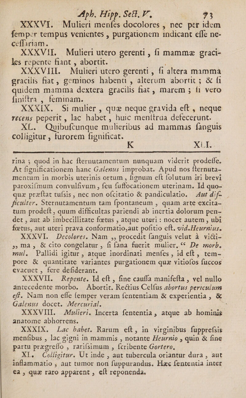 XXXVI. Mulieri menfes docolores , nec pter idem femper tempus venientes , purgationem indicant effe ne- ceffiriam. XXXVII. Mulieri utero gerenti , f1 mammz graci- les repente fiant , abortit. XXXVII. Mulieri utero gerenti , f1 altera mamma gracilis fiat, geminos habenü , alterum abortit ; &amp; (i quidem mamma dextera gracilis fiat , marem ; í1 vero finiftra ,. feminam. | XXXIX. Si mulier , quz neque gravida eft , neque recens peperit , lac habet , huic menitrua defecerunt. - XL. Quibufcunque mulieribus ad mammas fanguis coliigitur , furorem fignificat. : rina ; quod in hac fternutamentum nunquam viderit prodefle. At fignificationem hanc Ga/enus improbat. Apud nos fternuta- mentum in morbis uterinis ortum , fignum eft folutum iri brevi paroxifmum convulfivum , feu fuffocationem uterinam. Id quo- quz przftat tufsis , nec non ofcitatio &amp; pandiculatio. 4uf d;f- ficulter. Sternutamentum tam fpontaneum , quam arte excita- tum prodeft , quum difficultas pariendi ab inertia dolorum pen- det , aut ab imbecillitate foetus , atque uteri : nocet autem , ubi foetus, aut uteri prava conformatio,aut pofitio eft. vid.Heurnius. XXXVI. Decoleres. Nam ,, procedit fanguis velut à vi&amp;i- » ma, &amp; cito congelatur , fi fana fuerit mulier, *€ De morb. mul. Pallidi igitur , atque inordinati menfes , id eft, tem-- pore &amp; quantitate variantes purgationem quz vitiofos fuccos evacuet , fere defiderant. XXXVII. Repente. Id eft, fine cauffa manifefta , vel nullo antecedente morbo. Abortit. Rectius Celfus abortus periculum ef. Nam non effe (emper veram fententiam &amp; experientia , &amp; Galenus docet. Mercurial. XXXVII. | Maulieri. Incerta fententia, atque ab hominis anatome abhorrens. XXXIX. Lac babet. Rarum eft, in virginibus fupprefsis menfibus , lac gigni in mammis , notante Hezrnio , quin &amp; fine partu przgreflo , rarifsimum , fcribente Gortero, XI. Colligitur. Ut inde , aut tubercula oriantur dura , aut inflammatio , aut tumor non fuppurandus. Hzc fententia inter €a , quz raro apparent ; eft reponenda.
