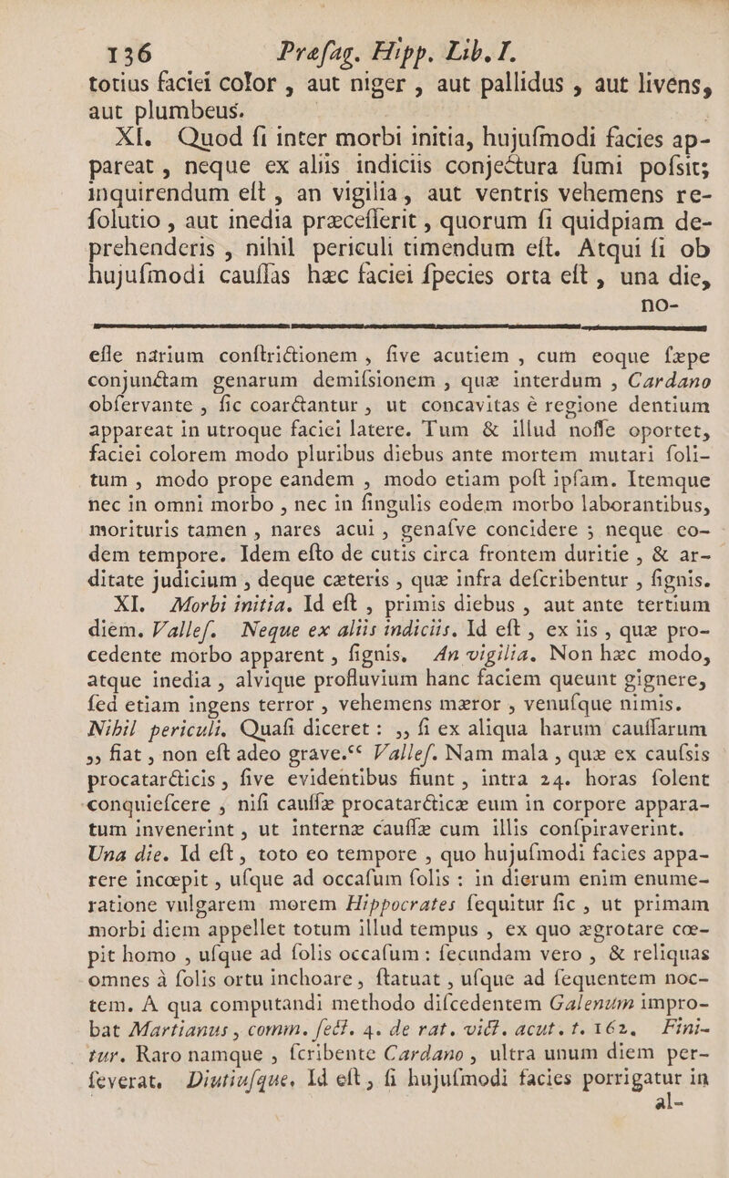 totius faciei color , aut niger , aut pallidus , aut livens, aut plumbeus. XI. Quod fi inter morbi initia, hujufmodi facies ap- pareat , neque ex aliüs indiciis conjectura fümi pofsit; inquirendum elt , an vigilia, aut ventris vehemens re- folutio , aut inedia przceflerit , quorum fi quidpiam de- prehenderis , nihil. periculi timendum eft. Atqui fi ob hujufmodi cauífas hzc faciei fpecies orta eft , una die, no- efle narium conflri&amp;ionem , five acutiem , cum eoque fepe conjun&amp;am genarum demiísionem , que interdum , Cardano obíervante , fic coar&amp;antur , ut concavitas € regione dentium appareat in utroque faciei latere. Tum &amp; illud noffe oportet, faciei colorem modo pluribus diebus ante mortem mutari foli- tum , modo prope eandem , modo etiam poft ipfam. Itemque nec in omni morbo , nec in fingulis eodem morbo laborantibus, morituris tamen , nares acul, genaíve concidere 5 neque co- dem tempore. Idem efto de cutis circa frontem duritie , &amp; ar- ditate judicium , deque ceteris , quz infra defcribentur , fignis. XI. Morbi initia. Id eft , primis diebus , aut ante. tertium diem. Vallef. Neque ex aliis indiciis. Id eft , ex iis , que pro- cedente morbo apparent, fignis, — 4n vigilia, Non hzc modo, atque inedia , alvique profluvium hanc faciem queunt gignere, fed etiam ingens terror , vehemens mzror , venuíque nimis. Nibil periculi, Quafi diceret: ,, fi ex aliqua. harum cautfarum » fiat , non eft adeo grave.** Vallef. Nam mala , quz ex caufsis procatar&amp;ticis , five evidentibus fiunt , intra 24. horas folent conquiefcere , nifi cauffz procatar&amp;tice eum in corpore appara- tum invenerint , ut Internz cauffe cum illis confpiraverint. Una die. ld eft, toto eo tempore , quo hujufmodi facies appa- rere incopit , ufque ad occafum folis : in dierum enim enume- ratione vulgarem morem Hippocrates fequitur fic , ut primam morbi diem appellet totum illud tempus , ex quo zgrotare cae- pit homo , ufque ad folis occafum : fecundam vero , &amp; reliquas omnes à folis ortu inchoare, ftatuat , ufque ad fequentem noc- tem. À qua computandi methodo difcedentem Galenum impro- bat Martianus , comm. fe&amp;1. 4. de rat. vidt. acut. t. 162. — Fini- tr. Raro namque , fcribente Cardano , ultra unum diem per- feverat, Diutiuíque, Id eft, fi hujufmodi facies peus in al-