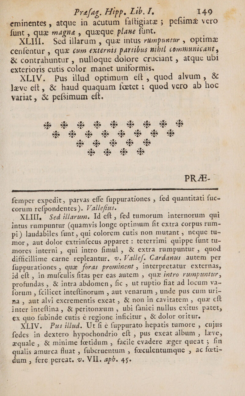 eminentes, atque in acutum faítigiate ; pefsimz vero funt, que magne , quzque plane funt. | XLII. Sed illarum , qua intus rumpantor , optima cenfentur , qua cum externis partibus nibil communicant , &amp; contrahuntur , nulloque dolore cruciant , atque ubt exterioris cutis color manet uniformis. XLIV. Pus illud optimum eít , quod alvum , &amp; leve eit, &amp; haud quaquam foetet : quod vero ab hoc variat, &amp; pefsimum elt. Neo GRBOoROGRO GR CR GR Á de eR Ho BOR GR PRZE- femper expedit, parvas effe fuppurationes , fed quantitati fuc- corum refpondentes). Valleftus. XLII, Sed illarum. Id eft , fed tumorum internorum qui intus rumpuntur (quamvis longe optimum fit extra corpus rum- pi) laudabiles funt, qui colorem cutis non mutant , neque tu- mor , aut dolor extrinfecus apparet : teterrimi quippe funt tu- mores interni, qui intro fimul , &amp; extra rumpuntur , quod difücillime carne repleantur. v. Vallef. Cardanus autem per fuppurationes , qua foras prominent , interpretatur externas, id eft , in mufculis fitas per eas autem , que intro rumpuntur , profundas , &amp; intra abdomen, fic , ut ruptio fiat ad locum va- forum , fcilicet inteftinorum , aut venarum , unde pus cum uri- na , aut alvi excrementis excat , &amp; non in cavitatem , quz cft inter inteflina , &amp; peritonzum , ubi faniei nullus exitus patet, ex quo fubinde cutis € regione inficitur , &amp; dolor oritur, XLIV. Pusillud. Ut fi é fuppurato hepatis tumore , cujus fedes in dextero hypochondrio eft , pus exeat album , lxve, zquale , &amp; minime foetidum , facile evadere zger queat ; fin qualis amurca fluat , fubcruentum , foculentumque , ac focti-