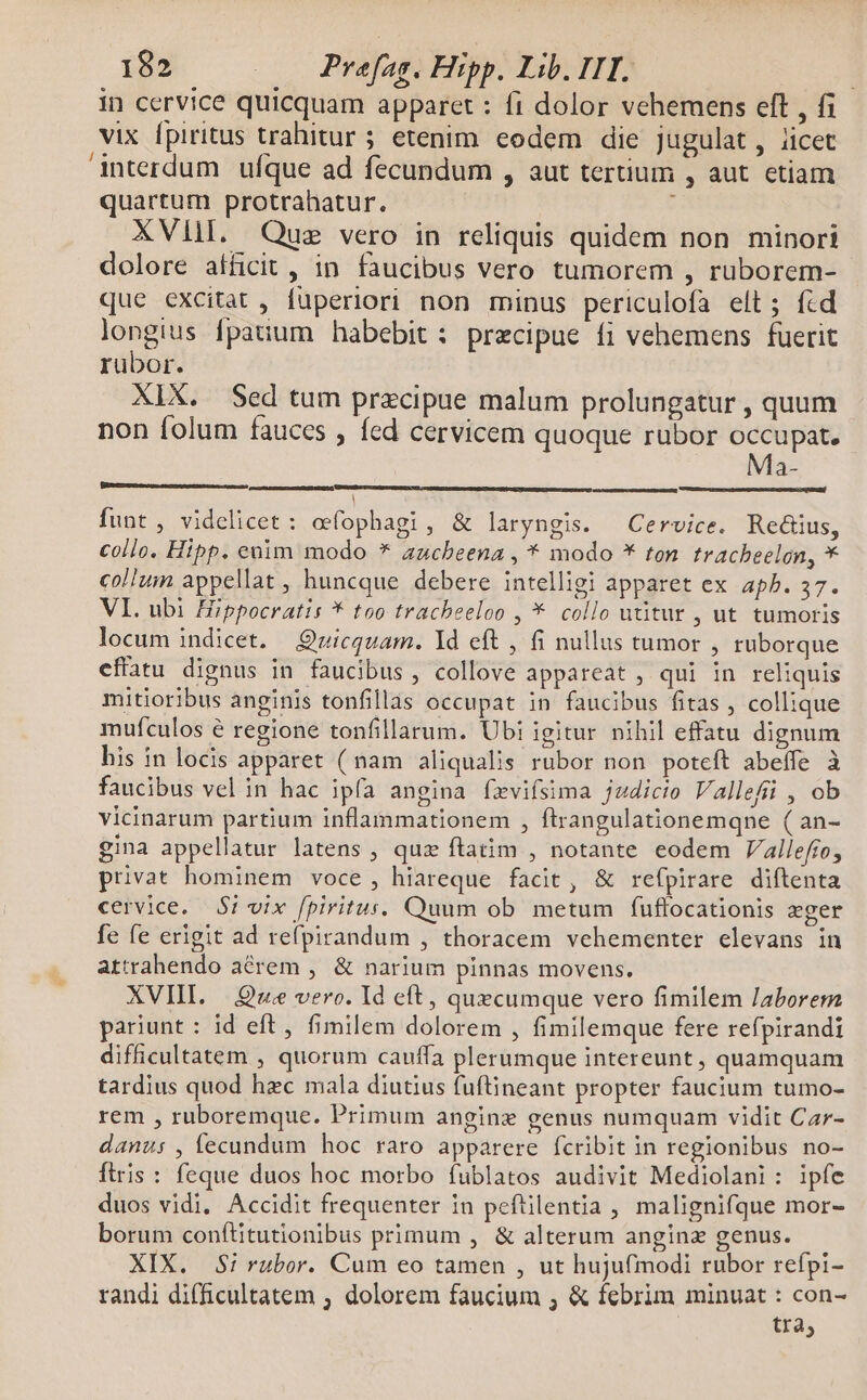 in cervice quicquam apparet : fi dolor vehemens eft , fi vix Ípiritus trahitur ; etenim eodem die jugulat , iicet anterdum ufque ad fecundum , aut tertium , aut. etiam quartum protrahatur. : XVII. Que vero in reliquis quidem non minori dolore afficit , in faucibus vero tumorem , ruborem- que excitat, fuperiori non minus periculofa elt; fcd longius fpatium habebit : precipue fi vehemens fuerit rubor. XIX. Sed tum precipue malum prolungatur , quum non folum fauces , fed cervicem quoque rubor occupat. d- | funt, videlicet : eefophagi , & laryngis. Cervice. Redius, collo. Hipp. eüim modo * aucbeena , * modo * ton tracheelgn, * collum appellat , huncque debere intelligi apparet ex aph. 37. VI. ubi Hippocratis * too trachbeeloo , * collo utitur , ut tumoris locum indicet. Quicquam. Yd eft , fi nullus tumor , ruborque efiatu dignus in faucibus, collove appareat , qui in reliquis mitioribus anginis tonfillas occupat in faucibus fitas , collique mufculos e regione tonfillarum. Ubi igitur nihil effatu dignum his in locis apparet ( nam aliqualis rubor non. poteft abeffe à faucibus vel in hac ipfa angina íxvifsima judicio Vallefii , ob vicinarum partium inflammationem , ftrangulationemqne ( an- gina appellatur latens , quz ftatim , notante eodem Valleffo, privat hominem voce, hiareque facit, & refpirare diftenta cervice. $i vix fpiritus. Quum ob metum fuffocationis zger fe fe erigit ad refpirandum , thoracem vehementer elevans in attrahendo acrem , & narium pinnas movens. XVIII. — Que vero. Id eft, quecumque vero fimilem laborem pariunt : id eft, fimilem dolorem , fimilemque fere refpirandi difficultatem , quorum cauffa plerumque intereunt, quamquam tardius quod hzc mala diutius fuftineant propter faucium tumo- rem , ruboremque. Primum anginz genus numquam vidit Car- danus , fecundum hoc raro apparere fcribit in regionibus no- ftris : feque duos hoc morbo fublatos audivit Mediolani: ipfe duos vidi, Accidit frequenter in peftilentia , malignifque mor- borum conftitutionibus primum , & alterum anginz genus. XIX. Si rubor. Cum eo tamen , ut hujufmodi rubor refpi- randi difficultatem ; dolorem faucium ; & febrim minuat : con- trà,