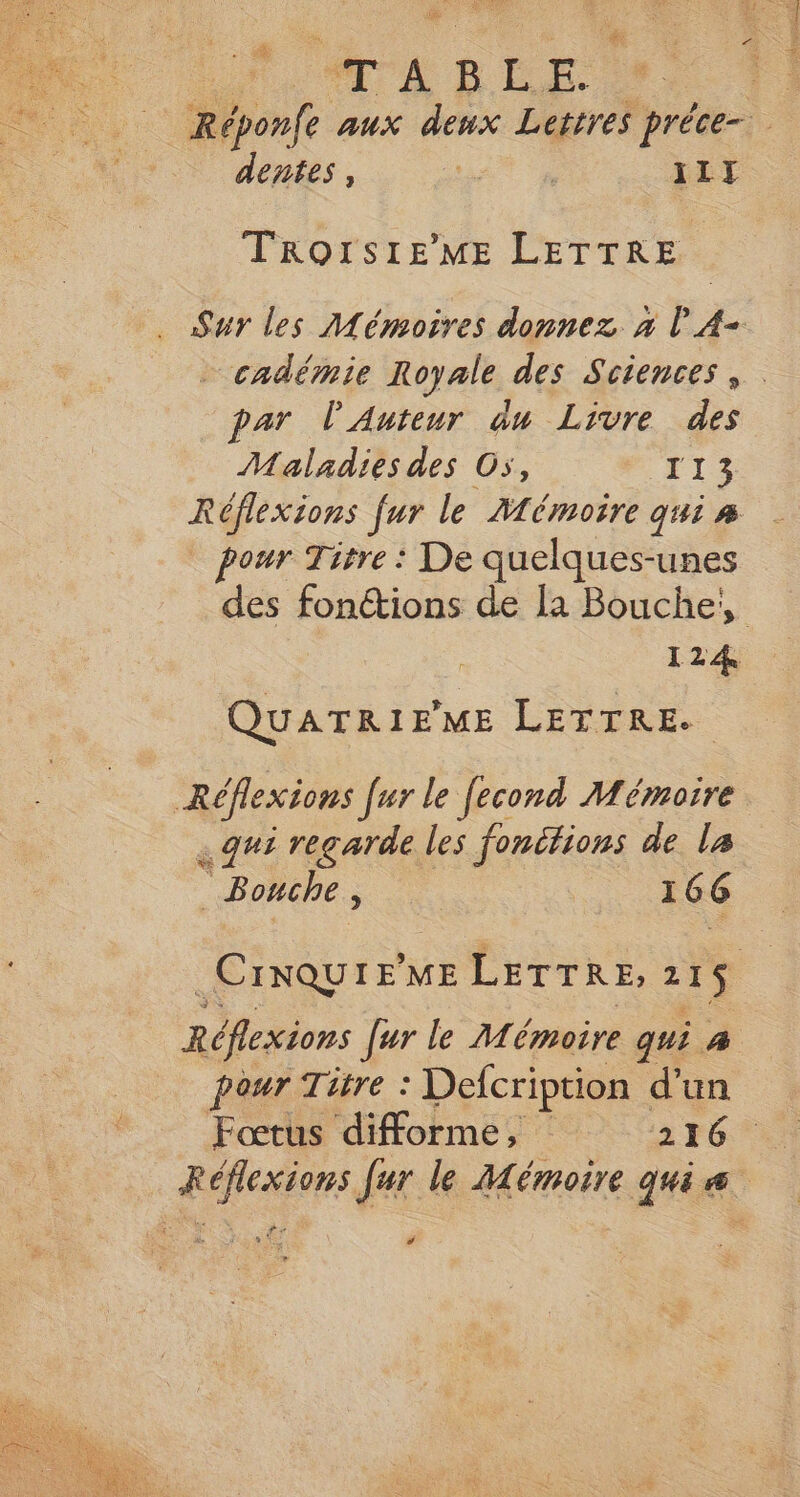 | Tr A B L E. Réponfe aux deux Lettres préce-. dentes, MA IL] TROISIE’ME LETTRE Sur les Mémoires donnez x l'A- cadémie Royale des Sciences, par l'Auteur du Livre des Maladies des Os, F1: Réflexions fur le Mémoire qui # pour Titre : De quelques-unes des fonctions de la Bouche, 124 QUATRIFME LETTRE. Réflexions fur le fecond Mémoire ;g#i regarde les fonctions de la _ Bouche ; | | 166 Cinqur ri ME LETTRE, 21 s Réfexions fur le Mémoire qui À pour Titre : Defcription d’un Fœtus diforme, 2 F6 Réflexions fur le Mémoire qui &amp; d “ ; #