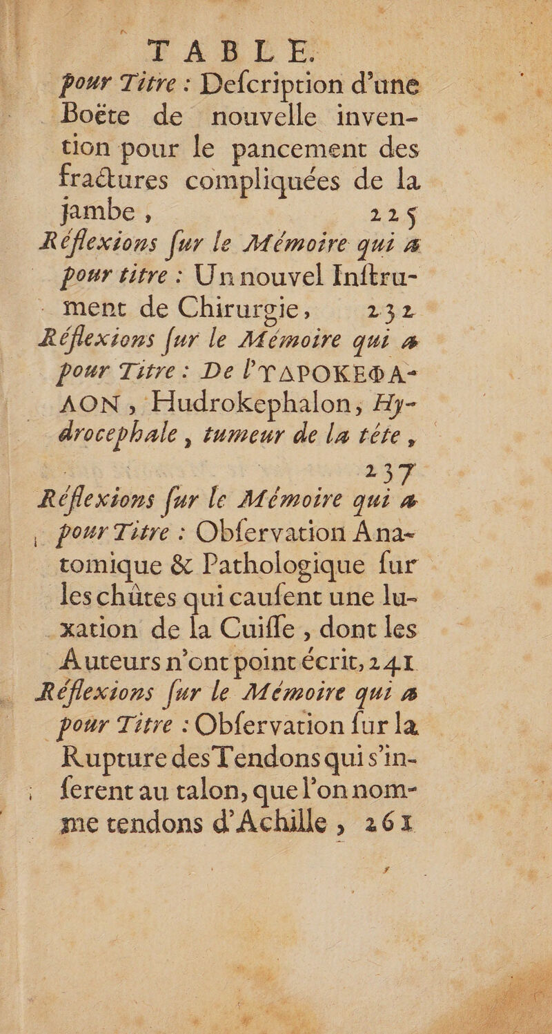 PAT RS TABLE S pour Titre : Defcription d’une _ Boëte de nouvelle inven- tion pour le pancement des fraétures compliquées de la jambe , 225$ Réflexions [ur le Mémoire qui # pour titre : Un nouvel Inftru- ment de Chirurgie, 232 Réflexions [ur le Mémoire qui æ pour Titre : De lYAPOKEA- AON ; Hudrokephalon, Hy- drocephale , tumeur de la téte, | re à 237 Réflexions fur le Mémoire qui à , pour Titre : Obfervation Ana- tomique &amp; Pathologique fur les chütes qui caufent une lu- _xation de la Cuifle , dont les Auteurs n’ont pointécrit,241 Réflexions [ur le Mémoire qui # pour Titre : Obfervation fur la Rupture des Tendons qui s’in- . ferent au talon, que l’onnom- me tendons d'Achille, 261 LA