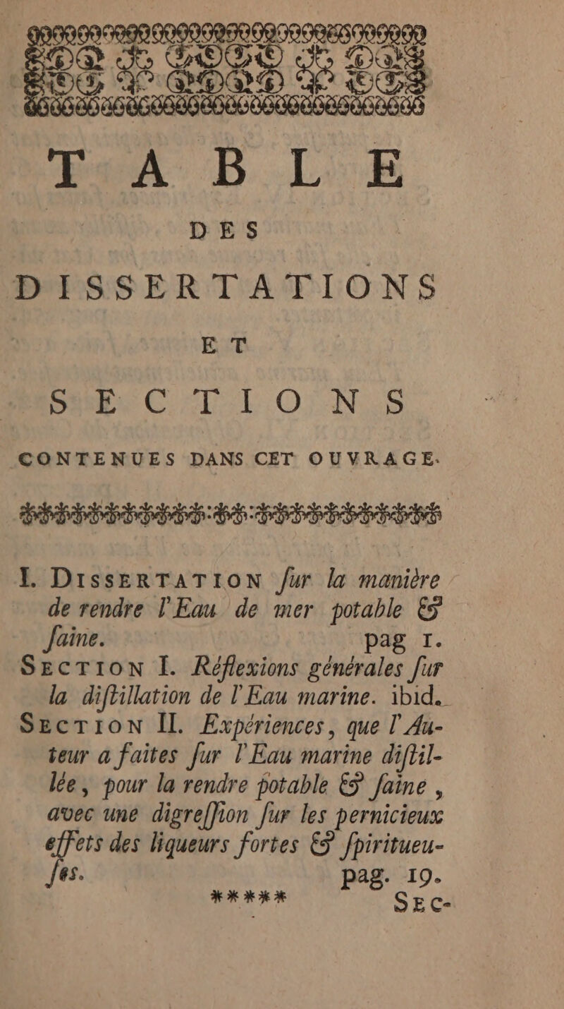 DISSERTATIONS ET pee CE OF NS CONTENUES DANS CET OUVRAGE. PRDSOPOOPOS. BS: PHP OPO P PONS L DisseERTATION fur la maniére de rendre l'Eau de mer potable &amp;F Jaine. pag I. SECTION I. Réflexions générales [ur la diftillation de l'Eau marine. ibid. SECTION IL. Expériences, que l Au- teur a faites fur l'Eau marine diftil- lée, pour la rendre potable ES faine , avec une digreffion fur les pernicieux fe des liqueurs fortes &amp;§ fpiritueu- €8.5.% pag. 19. S HH HH EC: