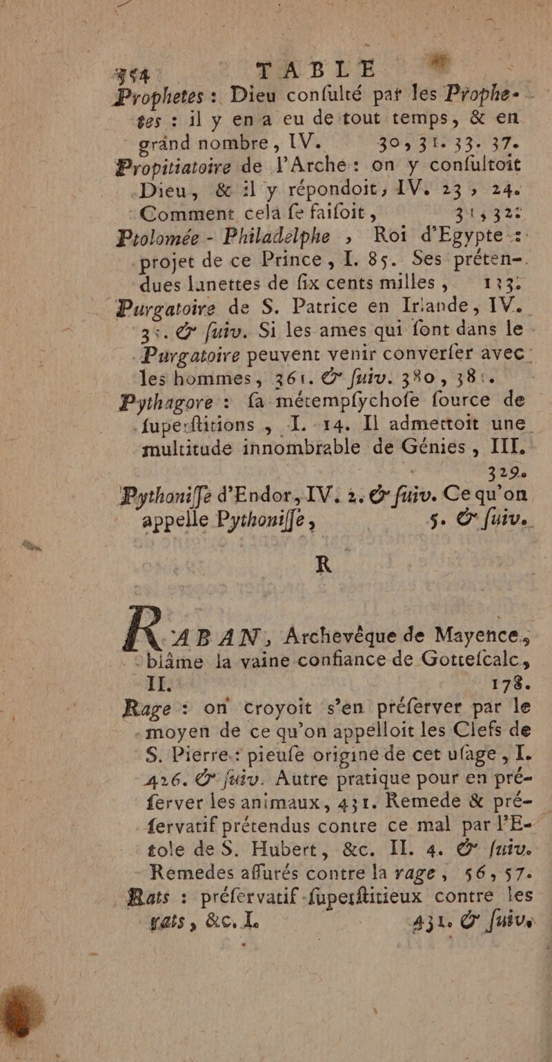 PTE PADLIE M. : Prophetes : Dieu confulté pat les Prophe- ges : il y en a eu de tout temps, &amp; en * gränd nombre, IV. 30, 323337. Propitiatoire de l'Arche: on y confultoit Dieu, &amp; il y répondoit, IV, 23, 24. Comment cela fe faifoit, 314 32€ Prolomée - Philadelphe , Roi d'Egypte: projet de ce Prince, [. 85. Ses préten=. dues lanettes de fix cents milles, 133: Purgatoire de S. Patrice en Irlande, IV. 3. @ fuiv. Si les ames qui font dans le Purgatoire peuvent venir converfer avec: les hommes, 361. © fuiv. 330, 381. Pythagore : fa métempfychofe fource de fuperflitions ; I. 14. Il admettoit une. multitude innombrable de Génies , IF, 329. Pythonife d'Endor, IV, 2. &amp; fuiv. Ce qu'on appelle Pythouiffe 5. © fuiv.. Fu R AB AN, Archevèque de Mayence, “biâme la vaine confiance de Gottefcalc, ET: 178. Rage : on croyoit s’en préferver par le .moyen de ce qu’on appelloit les Clefs de S. Pierre.: pieufe origine de cet ufage, I. 426. Ô juiv. Autre pratique pour en pré- ferver les animaux, 431. Remede &amp; pré- fervatif prétendus contre ce mal par l'E- tole de S. Hubert, &amp;c. IL. 4 &amp; fuiv. - Remedes affurés contre la rage, 56,57 Rats : préfervatif -fuperfitieux contre les ais, &amp;c, IL 431 Ÿ' Juive