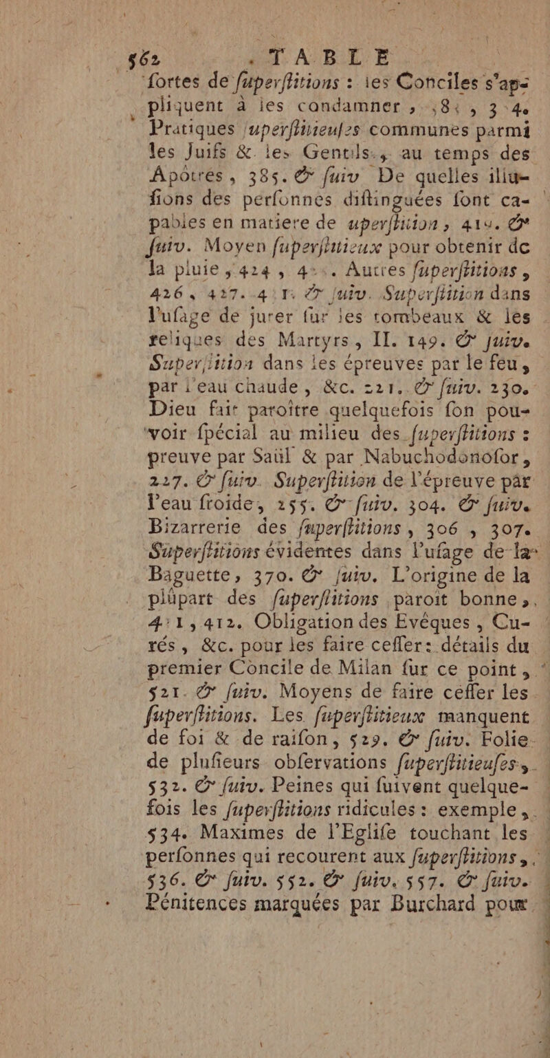 LÉ Pratiques \uperflirieul2s communes parmi les Juifs &amp; les Gentils:, au temps des Apotrés, 385. fuiv De quelles ilig= fions des perfonnes diftinguées font ca- pables en matiere de uperfhuion, a1u. * furv. Moyen fuperfhtisux pour obtenir de la pluie 424, 4°. Autres fuperfritions, 426, 427.411: 7 Juiu. Superfiiion dans l'ufage de jurer fur les tombeaux &amp; les reliques des Martyrs, II. 149. &amp;' juin. Saper/iition dans les épreuves par le feu, par l'eau chaude , &amp;c. 221. © fuiv. 230. Dieu fait paroïtre quelquefois fon pou- “voir fpécial au milieu des fuperfhitions : preuve par Saül &amp; par Nabuchodonofor, 227. Ofuiv. Superftiion de l'épreuve pâr Veau froide, 255. © fuiv. 304. © fuiv. Bizarrerie des fuperffitions , 306 , 307. Superftitions évidentes dans l’ufage dela. Baguette, 370. @ fuiv. L'origine de la plüpart des fuperflitions paroit bonne. 41,412. Obligation des Evèques , Cu- rés, &amp;c. pour les faire cefler: détails du premier Concile de Milan fur ce point , * s21. @ fuiv. Moyens de faire ceffer les. fuperflitions. Les. fuperftitieux manquent de foi &amp; de raifon, 529. © fuiu. Folie. de plufieurs obfervations fuperfliieufes, $32. © fuiv. Peines qui fuivent quelque- . fois les fuperflitions ridicules: exemple, … 534. Maximes de l’'Eglife touchant les perfonnes qui recourent aux fuperftitions , 536. Ô* furu. 552. @ fuiv. 557. À Juiv. Pénitences marquées par Burchard po | PPT PR ef I PT