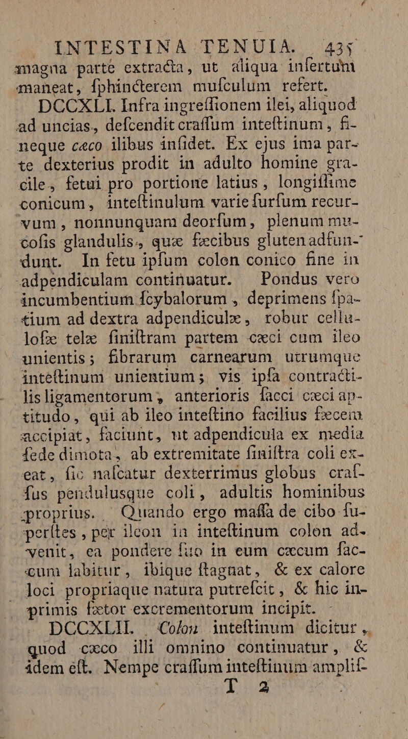 xnagna parte extracta, ut aliqua inlertum ananeat, fphincterem muículum refert. DCCXLILI. Infra ingreffionem ilei, aliquod ad uncias, defcendit craffum inteftinum, fi- neque ceco ilibus infidet. Ex ejus ima par- te dexterius prodit in adulto homine gra- cile, fetui pro portione latius, longiílime conicum, inteftinulum varie furfum recur- vum, nonnunquam deorfum, plenum mu- cofis glandulis, qui fecibus glutenadfun- dunt. In fetu ipfum colon conico fine in adpendiculam continuatur. ^ Pondus vero áncumbentium Ícybalorum , deprimens fpa- tium ad dextra adpendicule, robur cellu- lof tele finiltram partem «xci cum ileo unientis; fibrarum carnearum uirumque inteltinum unientium ;. vis ipfa contracti- lislizamentorum ; anterioris facci cxci ap- titudo, qui ab ileo inteftino facilius fce accipiat, faciunt, nt adpendicula ex media fede dimota, ab extremitate finiftra coli ex- eat, fic na[catur dexterrimus globus craí- fus pendulusque coli, adultis hominibus proprius. ^ Quando ergo maffa de cibo fu- perítes , per ileon ia inteftinum colon ad. venit, ea pondere fiio in eum cxcum fac- cum labitur, ibique ftagnat, &amp; ex calore loci propriaque natura putrefcit, &amp; hic in- primis fztor excrementorum incipit. DCCXLIL | Co/loun inteftinum dicitur ,. quod cxco ili omnino continuatur, &amp; ádem eít. Nempe craffum inteftinum amplii- T0