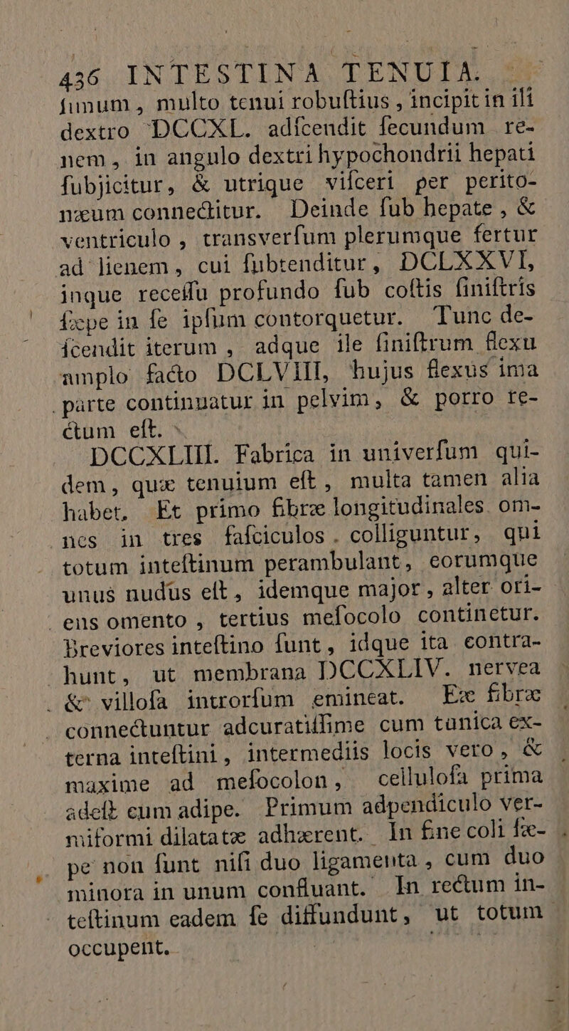 fumum , multo tenui robuftius , incipit in ili dextro DCCXL. adícendit fecundum re- nem , in angulo dextri hypochondrii hepati fubjicitur, &amp; utrique viíceri per perito- nxum conneditur. Deinde fub hepate , &amp; ventriculo , transverfum plerumque fertur ad lienem , cui fubtenditur, DCLXXVI, inque receífu profundo fub coftis finiftris fcpe iu fe ipfim contorquetur. Tunc de- ícendit iterum , adque ile finiftrum flexu implo fado DCLVIIL hujus flexus ima parte continuatur in pelvim, &amp; porro te- ctum eft. : : DCCXLIIL Fabrica in univerfum qui- dem, qux tenuium eft, multa tamen alia habet, Et primo fbre longitudinales. om- nes in tres fafciculos. colliguntur, qui totum inteftinum perambulant, eorumque unus nudüs eft, idemque major , alter ori- ens omento , tertius mefocolo continetur. Breviores inteftino funt, idque ita eontra- hunt, ut membrana DCCXLIV. nervea &amp; villofa inuorfum emineat. Ex fbrzx conne&amp;untur adcuratiffime cum tunica ex- terna inteftini, intermediis locis vero, &amp; maxime ad mefocolon, cellulofa prima adelt cum adipe. Primum adpendiculo ver- miformi dilatatz adhxrent. ln £ne coli fa- pe non funt nifi duo ligamenta , cum duo minora in unum confuant.- In rectum in- teltinum eadem fe diffundunt, ut totum occupent. | ias