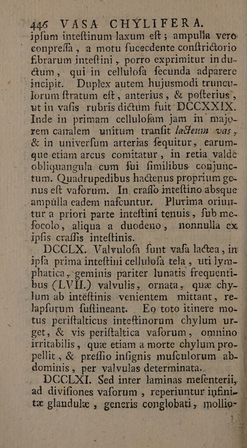 di VASA CHYLIFER6M ipfum inteftinum laxum eft; ampulla vero: conpreffa, a motu fucecdente conftri&amp;orio £brarum inteftini , porro exprimitur indu- éum, qui in cellulofa fecunda adparere incipit. Duplex autem hujusmodi truncu- lorum ftratum eft, anterius, &amp; pofterius', utin vafis rubris di&amp;um fuit DCCXXIX, Inde in primam cellulofam jam in majo- rem canalem unitum tranfit lees vas ,. &amp; in univerfum arterias fequitur, earum- que etiam arcus comitatur, in retia valde obliquangula cum 1füi fimilibus conjunc- tum. Quadrupedibus hactenus proprium gc- nus eft vaforum. In craffo inteftino absque ampulla eadem nafcuntur. Plurima oriui- tura priori parte inteftini tenuis, fub mc- focolo, aliqua a duodeno, nonnulla ex ipfis craffis inteflinis. —. DCGCLX.. Valvulofa funt vafa lactea , in ipfa prima inteftini cellulofa tela , utilym- phatica,' geminis pariter lunatis frequenti- bus (LVIL) valvulis, ornata, qua chy- lum ab intéftinis venientem mittant, re- lapfurum fuflineant. | Eo toto itinere mo- tus periftalticus intetinorum chylum ur- | get, &amp; vis periftaltica vaforum , omnino irritabilis , quae etiam a morte chylum pro- pellit , &amp;. prefho infignis mufculorum ab- | dominis, per valvulas determinata.. Í DCCLXI. Sed inter laminas mefenterii, ad divifiones vaforum , reperiuntur infni- | tx glandulz , generis conglobati, mollio- - ) m LI exl