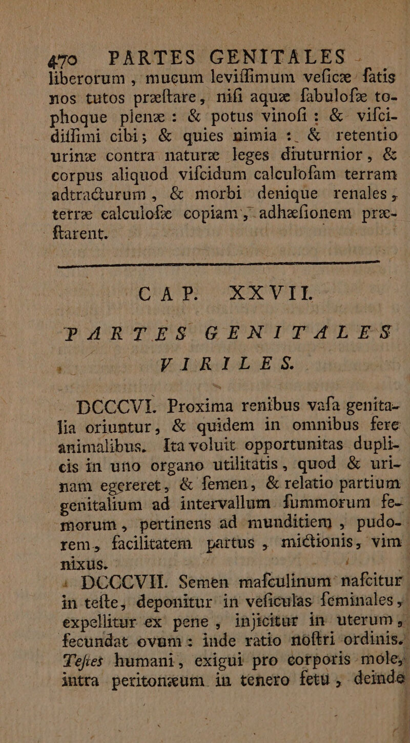 liberorum , mucum leviíffimum veficz. fatis nos tutos praítare, nifi aqux fabulofe to- phoque plenz : &amp; potus vinofi: &amp;.vifci- diffimi cibi; &amp; quies nimia :. &amp; retentio urinx contra nature leges diuturnior, &amp; | corpus aliquod vifcidum calculofam terram adtradurum , &amp; morbi denique renales, tetre calculofe copiam ,.adhaíionem prz- ; farent. | | | j eU HERES CIAR CHROM NUR FRU CHA PLC UXX VIL PARTES GENITALES libus. p noobabsE s. DCCCVI. Proxima renibus vafa genita- lia oriuntur, &amp; quidem in omnibus fere animalibus. 1ta voluit opportunitas dupli- cis in uno organo utilitatis, quod &amp; uri- nam egereret, &amp; femen, &amp; relatio partium genitalium ad intervallum. fummorum fe-- morum , pertinens ad munditem , pudo-. rem, facilitatem partus , mictionis, vim. nixus. ( i b : DCCCVIH. Semen mafculinum' nafcitur. in teíte, deponitur in veficulas féminales ,. expellitur ex pene , injicitart in uterum, fecundat ovum : inde ratio noftri ordinis. Tefies humani, exigui pro corporis mole, intra peritonzum in tenero fetu , deinde | t i pF rd