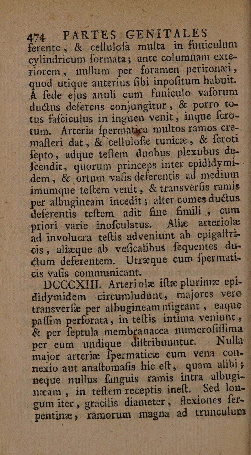 v. 474 PARTES GENITALES ferente , &amp; cellulofa multa in funiculum cylindricum formata; ante columtiam exte- riorem, nullum per foramen peritonzi, quod utique anterius fibi inpofitum habuit. À fede ejus anuli cum | funiculo vaforum du&amp;us deferens conjungitur, &amp; porro to- tus fafciculus in inguen venit, inque Ícro- tum. Arteria Ípermatiga multos ramos cre- mafteri dat, &amp; cellulofae tunicz , &amp; foroti fepto, adque teftem duobus plexubus de- Ícendit, quorum princeps inter epididymi- . dem, &amp; ortum vaf(is deferentis ad medium . imumque teftem venit, &amp; transverfis ramis per albugineam incedit ; alter comes ductus deferentis teftem adit fne fimili , cum priori varie inofculatus. Alix arteriolwe ad involucra teftis adveniunt ab epigaltri- - cis, alixque ab veficalibus fequentes du- | étum deferentem. Utrxque cum fpermati-- cis vafis communicant. , DCCCXHI. Arteriole ifte plurimze epi- - didymidem .circumluduünt, majores vere transvérfe per albugineam niigrant , eaque paffim perforata, in teftis intima veniunt, | &amp; per feptula membranacea numerofiffima: per eum undique diftribuuntur. - Nulla major arterie Ípermatice cum. vena cO. nexio aut anaftomafis hic eft, quam alibi; neque nullus fanguis ramis intra albugi- nxam , in teftem receptis ineft. Sed lon- gum iter, gracilis diameter , flexiones Íer- pentinz, ramorum magna ad trunculum |
