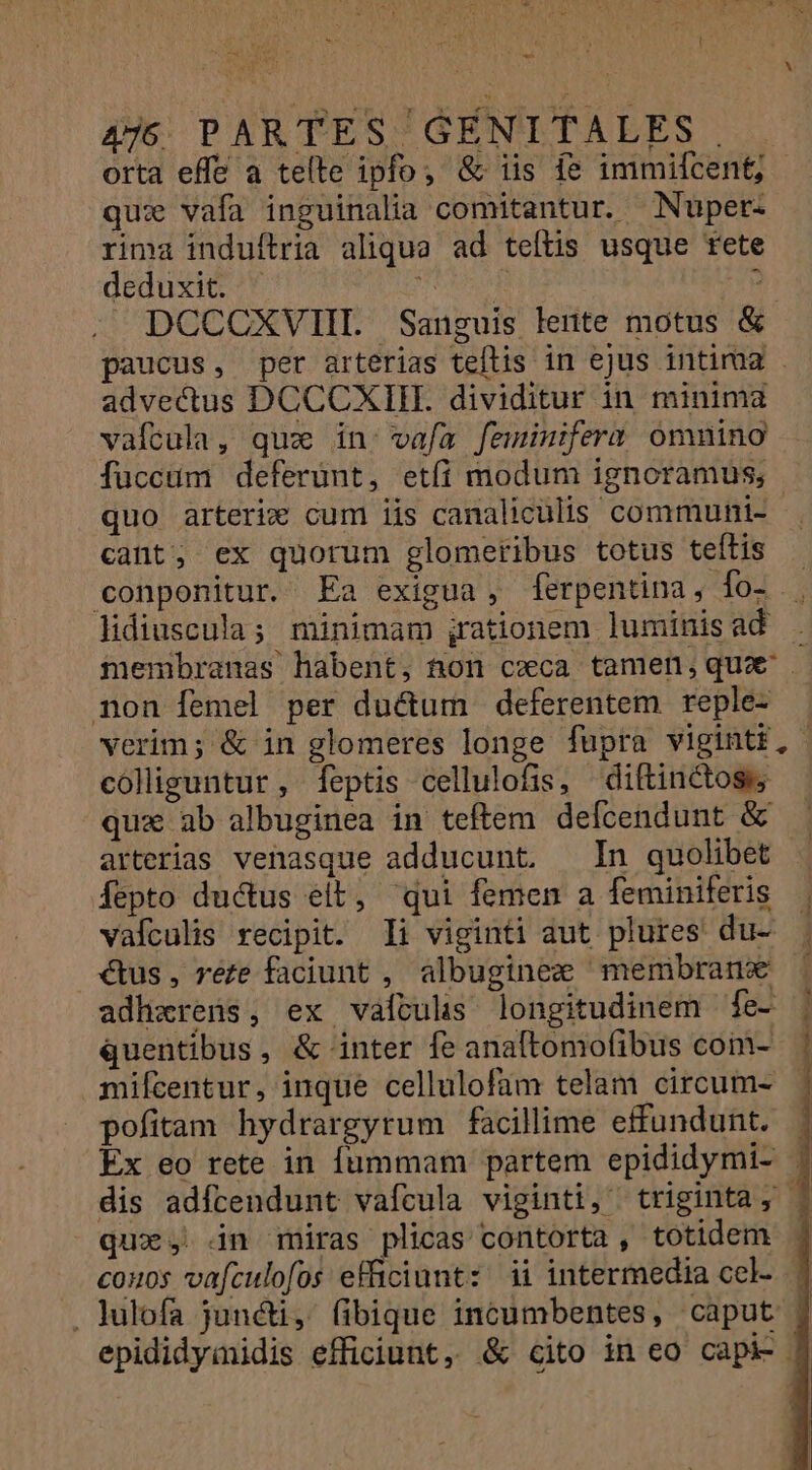 M MAL 476: PAR TES GENITALES , orta effe a teíte ipfo, &amp; iis íe immifcent; qux vafa inguinalia comitantur. Nuper- rima induftria aliqua ad telis usque rete deduxit. FED f 2. DCCCXVIIL Sanguis lente motus &amp; aucus, per arterias teflis in ejus intirua - advectus DCCCXIIL dividitur in minima vafcula, qua in: vafa femimiferu omnino fuccum deferünt, etíi modum ignoramus; quo arteric cum iis canaliculis communi- cant; ex quorum glomeribus totus teftis . conponitur. Ea exigua , ferpentina, fo- . lidiuscula; minimam ;rationem luminisad . membranas habent, ton cca tamen,;qua' non femel per ductum deferentem reple- verim; &amp; in glomeres longe fupra viginti, coliguntur, [eptis cellulofis, diftinctoss; qux ab albuginea in teftem defcendunt &amp; arterias venasque adducunt. In quolibet - fepto ductus eit, qui femen a feminiferis | vafculis recipit. li viginti aut plures du- | €tus, reze faciunt , albuginec membranw | adhxrens, ex vaítulis longitudinem fe- d quentibus, &amp; inter fe anaftomofibus com- | mifcentur, inque cellulofam telam circum- pofitam hydrargyrum facillime effundunt. | Ex eo rete in fummam partem epididymi- . dis adfcendunt vafcula viginti, triginta, | quz, in müras plicas contorta , totidem : couos vafculofos efficiunt: ii intermedia cel- . | . lulofa juncti, (ibique incumbentes, caput j epididymidis efficiunt, &amp; cito in eo capi-