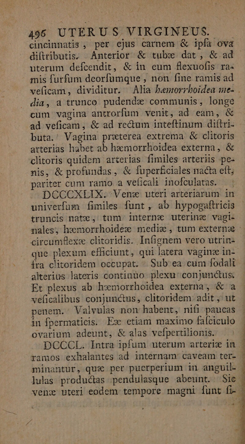 4966 UTERU S. VIRGINEUS. | cincinnatis , per ejus carnem &amp; ipía ova diftributis, Anterior &amp; tubx dat, &amp; ad uterum defcendit, &amp; in eum flexuofis ra. mis furfum deorfumque , non fine ramis ad veficam, dividitur. Alia bemorrboidea me- . dia, a trunco pudendz communis, longe cum vagina antrorfum venit, ad eam, &amp; ad veficam , &amp; ad rectum inteftinum diítri- buta. Vagina prseterea extrema &amp; clitoris arterias habet ab haemorrhoidea externa, &amp; clitoris quidem arterias fimiles arteriis pe- nis, &amp; profundas, &amp; fuperfciales nacta eft; pariter cunt ramo a veficali inofculatas. DCCCXLIX. Venz uteri arteriarum in univerfum fimiles funt , ab hypogaftricis truncis natz , tum interna uterinz vagi- nales; hxmorrhoidez medic, tum externo - circumZexe clitoridis. Infignem vero utrin: que plexum efficiunt, qui latera vaginz in- fra clitoridem occupat. Sub ea cum fodalt alterius lateris continuo plexu' conjunctus. Et plexus ab hxmorrhoidea externa, &amp; a veficalibus conjunctus, clitoridem: adit, ut penem. Valvulas non habent, nifi paucas in fpermaticis. Ex etiam maximo falciculo ovarium adeunt, &amp; alas vefpertilionis. | DCCCL. Intra ipfum uterum arterix in | ramos exhalantes ad internam: caveam ter- | minantur, qua per puerperium in anguil- : lulas productas pendulasque abeunt. Sic | veni uteri eodem tempore magni funt fi- . E t f 7gÜ