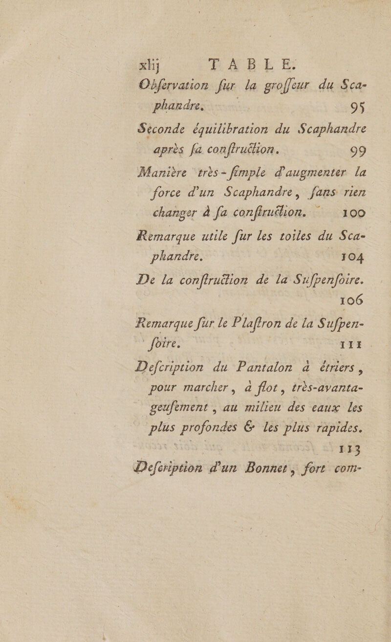 xh} FABEE | Oëfervation fur la groffeur du Sca- phandre, ds 95 Seconde équilibration du Scaphandre après fa conftruthion. 99 Manière très-fimple d'augmenter la force d’un Scaphandre, fans rien changer À fa conflrufhon. 100 Remarque utile fur les toiles du Sca- phandre. 104 De la conffruition de la Sufpenfoire. 106 Remarque Jur le Plaftron de la Sufper- foire. | 117 Defcription du Pantalon à étriers, pour marcher, à flot, très-avanta- geufèment , au milieu des eaux les ne PURES G Les plus rapides. 113 Doi in Bonn &gt; fort com-