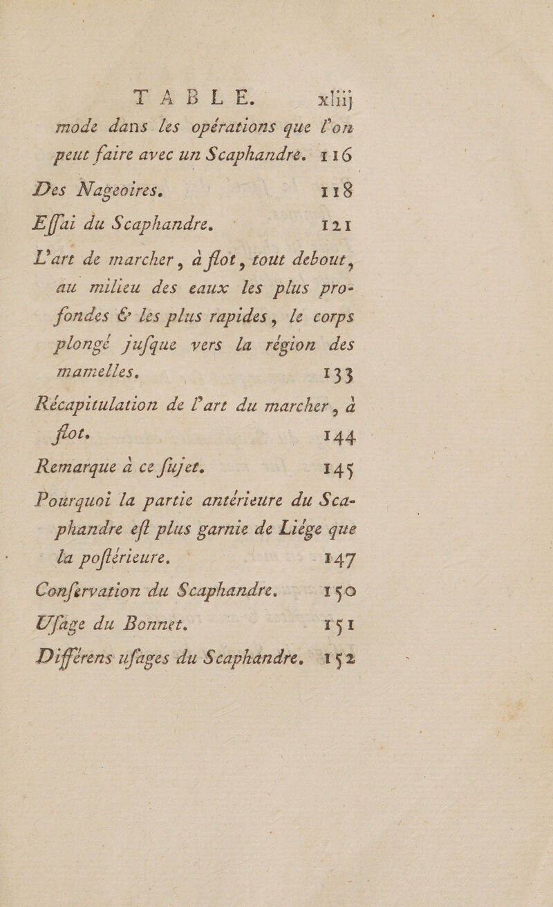 rés EE. xlu} mode dans les opérations que l’on peut faire avec un Scaphandre. 116 Des Nagoires. | 118 Effai du Scaphandre. 121 L'art de marcher, à flot, tout debout, au milieu des eaux les plus pro- fondes € Les plus rapides, le corps plongé jufque vers la région des marnelles. | 133 KRécapitulation de l'art du marcher, à flot. | TEE Remarque a ce fuyee. 145 Pourquoi la partie antérieure du Sca- phandre eff plus garnie de Liéoe que la poflérieure, 147 Confervation du Scaphandre. 150 Ujage du Bonnet. 151 Différens ufages du Scaphandre. 152