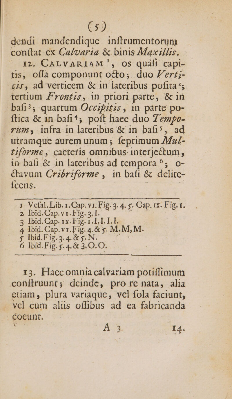 en dendi mandendique inflrumentorum deed ex Calvaria &amp; binis Maxzis. — X2. CALVARIAM ', os quif capi- n ids componunt octo; duo Zert;- £15, ad verticem &amp; in lateribus pofita ^; tertium rogtis, in priori parte, &amp; in bafi; quartum Ocezpitzs , 1n parte po- flica &amp; in bafi; pott haec duo 7 ezpo- Yum infra in lateribus &amp; in bafi? ad utramque aurem unum ; feptimum Mal- Lforime y caeteris MNA AS interjectum , in bafi &amp; in lateribus ad tempora ^; o- étavum Crzoriforme , in bati &amp; delite- Ícens. | -3 Vefal.Lib.t. ds vi. Fig. 3. 4. $. Cap. ix. n t. 2 Ibid. Cap.vi. Fig. 5. I. 3 Ibid. Cap. 1x. Fig. 1. L. I. I. I. 4 lbid. Cap.vr. Fig. 4.&amp; s. M. M, M. $ lbid.F'ig.3. 4. &amp; $- 6 Ibid. Fig. j-4.&amp; 3:0. O. 13. Haecomniacalvariam potiffimum conftruunt ; deinde, pro re nata, alia edam, plura variaque, vel fola faciunt, . vel cum alis offibus ad ea fabricanda . Coeunt. 2 A 3. I4.