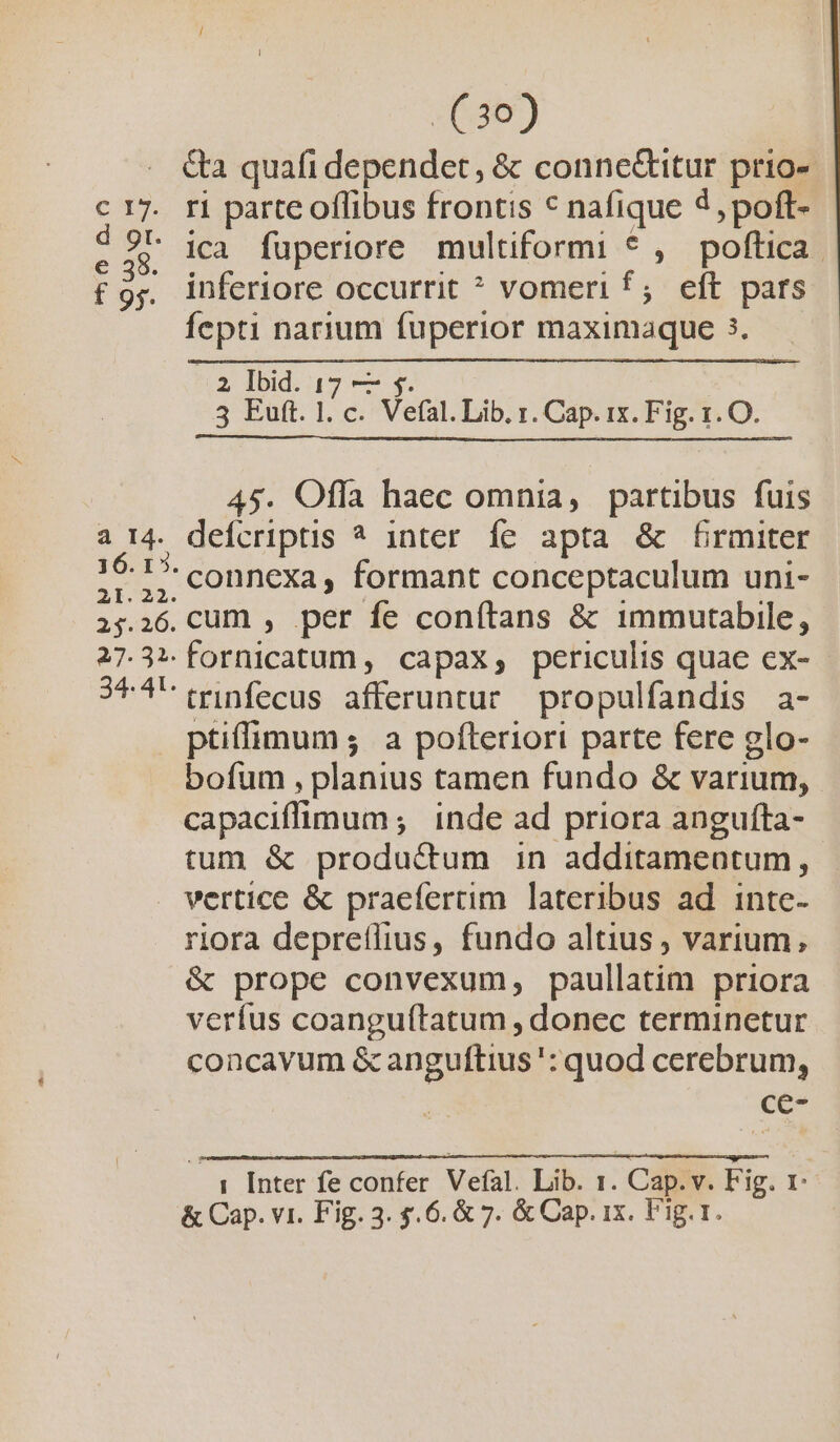4 I4. 16. 15. 3r.22. 25. 26. 25.32. 34. 4t. (30) &amp;a quafi dependet, &amp; conne&amp;itur prio-- ri parte offibus frontis * nafique 4, poft- inferiore occurrit ? vomeri f; eft pars fepti narium fuperior maximaque 3. .ia Ibid. 17 — s. 5 Euft. l. c. Vefal. Lib. 1. Cap. ix. Fig. 1. O. 45. Ofla haec omnia, partibus fuis defcriptis à 1nter ie apta &amp; firmiter connexa, formant conceptaculum uni- cum , per fe conítans &amp; 1mmutabile, fornicatum , capax, periculis quae ex- trinfecus afferuntur propulfandis a- ptiffimum; a poíteriori parte fere glo- bofum , planius tamen fundo &amp; varium, capaciffimum ; inde ad priora anguíta- tum &amp; produ&amp;um in additameatum, vertice &amp; praefertim lateribus ad inte- riora depretlius, fundo altius , varium; &amp; prope convexum, paullatim priora verfus coanguítatum , donec terminetur concavum &amp; anguftius ': quod cerebrum, ce-