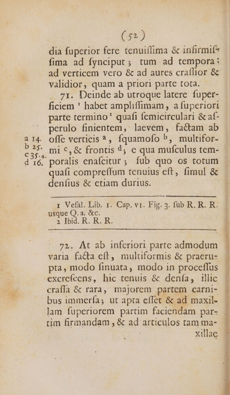 b 2$. € 35.4. d 16. | (52) dia fuperior fere tenuiffima &amp; infirmif? fima ad fynciput ; tum ad tempora: validior, quam a priori parte tota. 71. Deinde ab utroque latere. fuper- ficiem ' habet ampliffimam, a fuperiori perulo finientem, laevem, factam ab mi €, &amp; frontis 4; c qua mufculus tem- poralis enafcitur ; fub quo os totum quafi compreflum tenuius eft, fimul &amp; denfíius &amp; ctiam durius. | 1 Vefal. Lib. r. Cap. vr. Fig. 3. fub R. R. R. usque Q. a. &amp;c. 2 Ibid. R. R. R. 71. At ab inferiori parte admodum varia facta eft, multiformis &amp; praeru- pta, modo finuata, modo in proceflus excrefcens, hic tenuis &amp; denía, illic bus immerfía; ut apta effet &amp; ad maxil- METH tig m tiui ne n cya tano c peg domnus