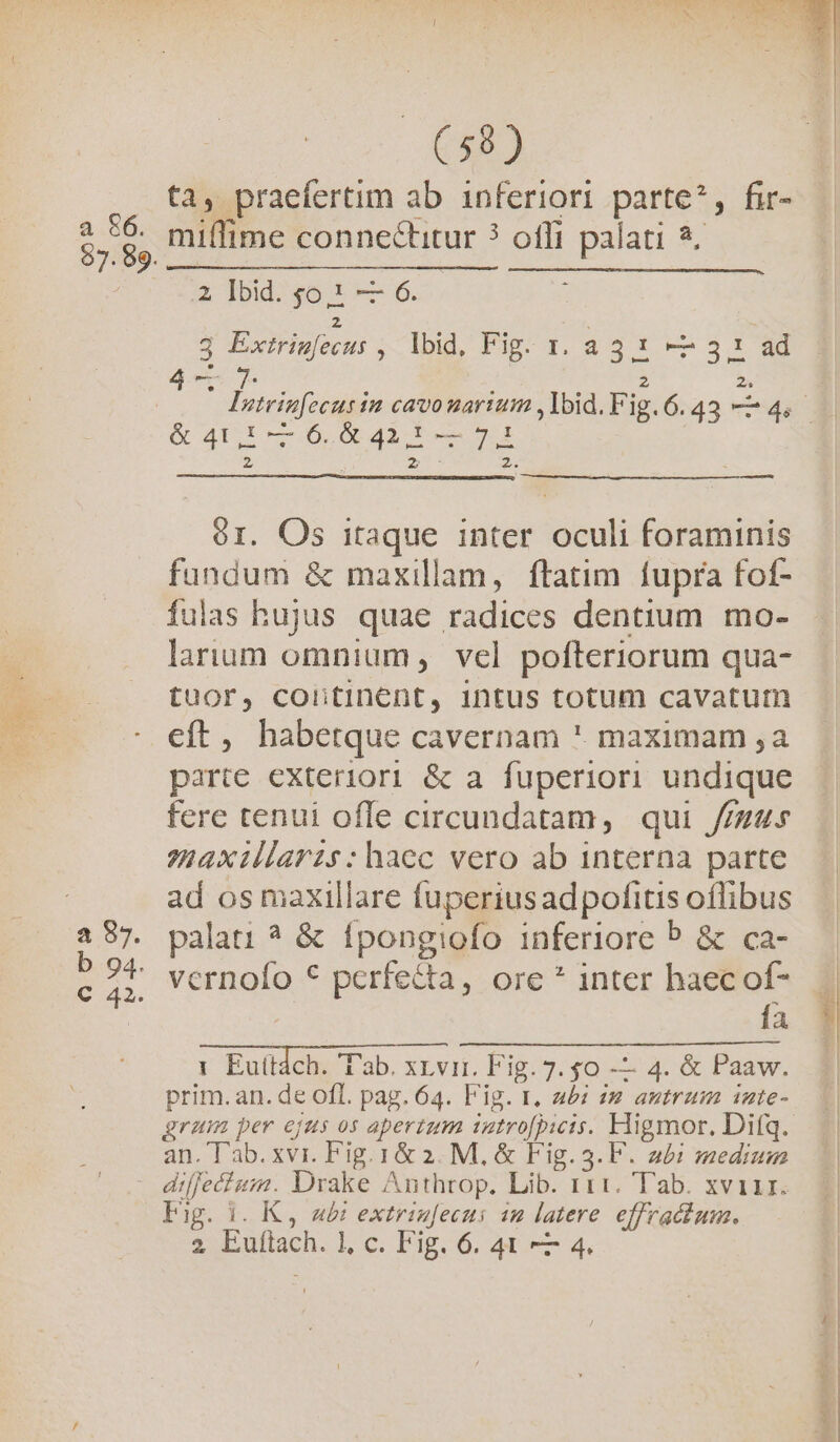a 86 A ta, praefertim ab inferiori parte*, fir- 2 Ibid. $6.1 — 6. 5 P deus , lbid, Fig. 1.4 31 31 ad 4 u  2 &amp; 40r, Od eed E 2. z 6r. Os itaque inter oculi foraminis fundum &amp; maxillam, ftatim fupra fof- fulas hujus quae radices dentium mo- larium omnium, vel pofteriorum qua- tuor, continent, intus totum cavatum eft, habetque cavernam ' maximam ,a parte exteriori &amp; a fuperiori undique fere tenui ofle circundatam, qui //zus axillaris:haec vero ab interna parte ad os maxillare fuperiusadpofitis offibus palati ? &amp; ípongiofo inferiore P &amp; ca- vernoío * perfecta, ore * inter haec of- | fa 1 Euttdch. Tab. xr.vir. lig. 7. 5o -— 4. &amp; Paaw. prim. an. de ofl. pag. 64. Fig. t. a£: 12 antrum inte- an. T'ab. xvi. Fig. 1&amp; 2. M. &amp; Fig. 3. EF. 24i sedium diffecium. Drake Anthrop. Lib. 111. Tab. xviir. Fig. i. K, ubi extriufecui 22 latere effracdum.
