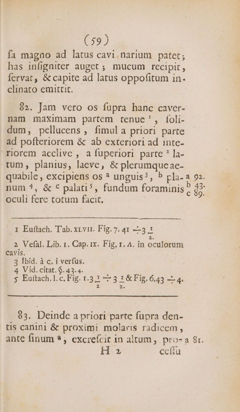 fa magno ad latus cavi.narium patet; has infigniter auget ; mucum recipit, Íervat, &amp; capite ad latus oppotitum in- clinato emittit. $2. Jam vero os fupra hanc caver- nam maximam partem tenue', foli- dum, pcllucens , fimula priori parte ad pofteriorem &amp; ab exteriori ad inte- riorem acclive , a fuperiori parte * la- tum , planius, laeve, &amp; plerumqueae- quabile , excipiens os * unguis? , 5 pla-a 92. num *, &amp; € palati?^, fundum foraminis P 5. oculi fere totum facit. ye .. 1 Euítach. Tab. xrvir. Fig. 7. 41 —3 1 2. 2 Vefal. Lib. 1. Cap. ix. Fig, r. A. in oculorum Cavis. 3 Ibid. à c. i verfus. 4 Vid.citat. 9.43. 4. 5 Euítach.l.c, Fig. 1.3,2 ——3 1 &amp; Fig. 6.43 — 4.. z 2. 93. Deinde a priori parte fupra den- tis canini &amp; proximi molaris radicem, ante finum ? , excrefcit in altum, pro- a 8r. H 2 cefíu —