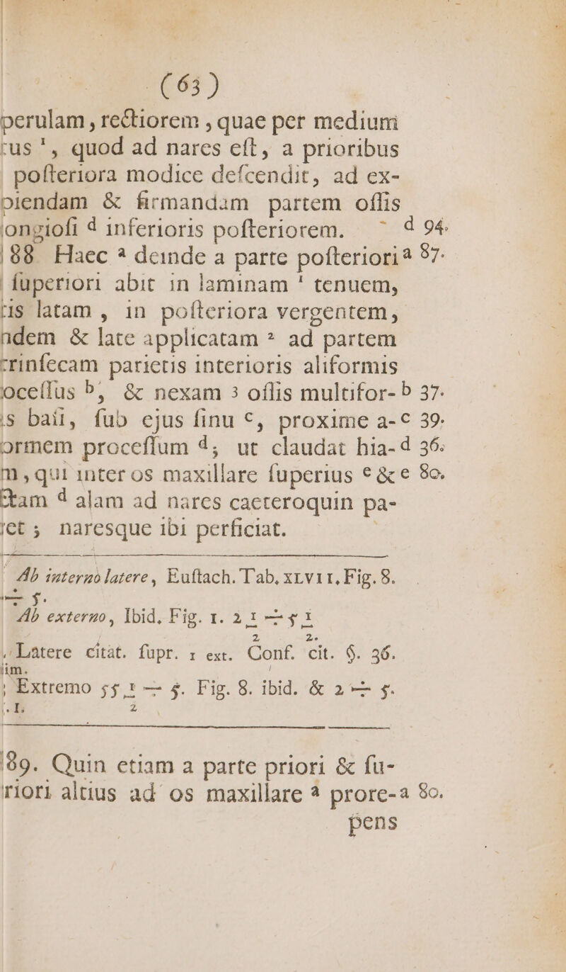 T4 Du x &amp;OUS * e | : - , 2609) perulam , rectiorem , quae per mediuni rus ' , quod ad nares eft, a prioribus pofteriora modice defcendit, ad ex- piendam &amp; firmandam partem offis ongiofi d inferioris pofteriorem. — d 94 |88. Haec ? deinde a parte pofteriori? 87: fuperiori abit. in laminam ' tenuem, us latam , in pofteriora vergentem, ndem &amp; late applicatam * ad partem -rinfecam parietis Interioris aliformis ocellus Pj &amp; nexam 3 oflis multifor- b 37. |S bait, fub ejus finu €, proxime a-€ 39. ormem proceflum 4; ut claudat hia- d 36 m,qui inter os maxillare fuperius € &amp; e 8. Xam 4 alam ad nares cacteroquin pa- ict ; naresque ibi perficiat. Ab interno latere , Euftach. l'ab, xzvir,Fig.8. . i l e Ab extermo, Ibid, Fig. 1. 23 — gx z Z. .Latere citat. füpr. : ext. Conf. cit. $. 36. im. ; , Extremo 5$,* — 5. Fig. 8. ibid. &amp; 2 — y. me z 1 99. Quin etiam a parte priori &amp; fu- í rior) altius ad os maxillare * prore-a $c. pens