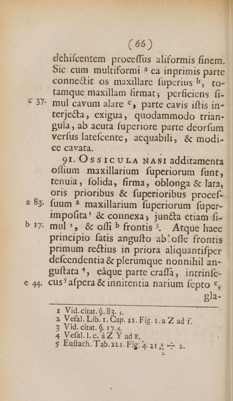 B] Jd (65) dehifcentem proceffüs aliformis finem. Sic cum multiformi.? ca inprimis parte connectit os maxillare fuperius P, to- tamque maxillam firmat; perficiens fi- * 37^ mul cavum alare 9, parte cavis iftis in- terjedta, exigua, quodammodo trian- gula, ab acuta fuperiore parte deorfum verfus latefcente, aequabili, &amp; modi- ce cavata. ARE 91. OssICULA NASI additamenta. ofhum maxillarium füperiorum funt, tenuia, folida, firma, oblonga &amp; lata, oris prioribus &amp; fuperioribus procef- * 55. fuum ? maxillarium füperiorum fuper- | impofita! &amp; connexa; juncta etiam fi- 517 mul*, &amp; offi P frontis? Atque haec principio fatis angufto ab'ofle frontis primum rectius in priora aliquantifper defcendentia &amp; plerumque nonnihil an- | guítata ^, eique parte craffa, intrinfe- c 44, cus? afpera &amp; innitentia narium de e. pas x Vid.citat. 9.83. ;. 2. Vefal. Lib. r. Cap. 1x. Fig. 1.a Z ad f. 3 Vid. citat. $. 17.«. 4 Vefal.l.c. àZ Y adz, $ Euftach. T'ab. xri. Fig. 4:21 — a. rd