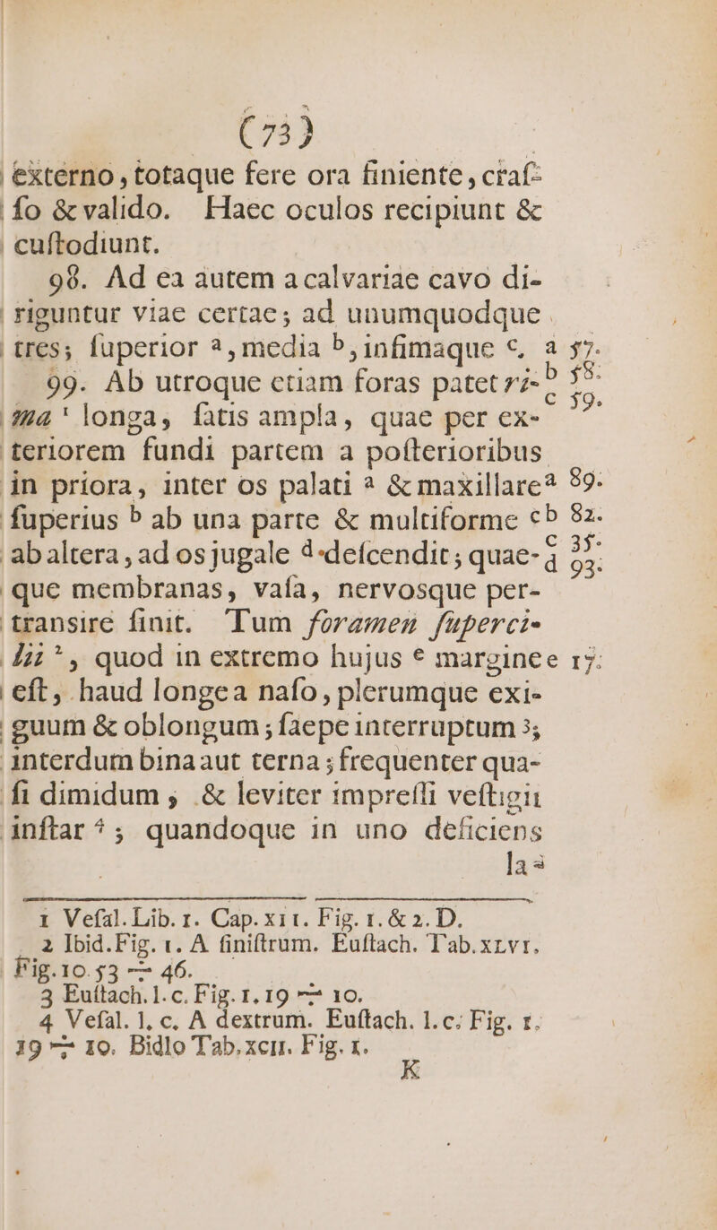 externo , totaque fere ora finiente , craf- fo &amp; valido. Haec oculos recipiunt &amp; | cuftodiunt. 99. Ad ea autem acalvariae cavo di- riguntur viae certae; ad unumquodque | tres; fuperior 2, media 5, infimaque € a 57. 99. Ab utroque ctiam foras patet zi- P is 4' longa, fatis ampla, quae per ex- ^^ teriorem fundi partem a pofíterioribus. in priora, inter os palati ? &amp; maxillare? 59 fuperius ^ ab una parte &amp; multiforme «5 82- abaltera , ad osjugale 4«defcendit ; quae- 3 53 que membranas, vaía, nervosque per- transire finit. Tum foramen füperci- JI * , quod in extremo hujus * marginee rj: eft, haud longea nafo, plerumque exi- | guum &amp; oblongum ; faepe interruptum 5; interdum binaaut terna ; frequenter qua- fi dimidum ; .&amp; leviter imprefli veftigii anflar^; quandoque in uno deficiens las 1 Vefal. Lib. i. Cap. xii. Fig. 1. &amp;2. D. 2 lbid.Fig. t. A finiftrum. Euftach. T'ab.xrvr. Fig.10$53 — 46. 3 Euítach. l.c. Fig. 1. 19 —— 10. 4 Vefal.], c. A dextrum. Euftach. l.c. Fig. r. 19 T 10. Bidlo Tab.xcir. Fig. 1.