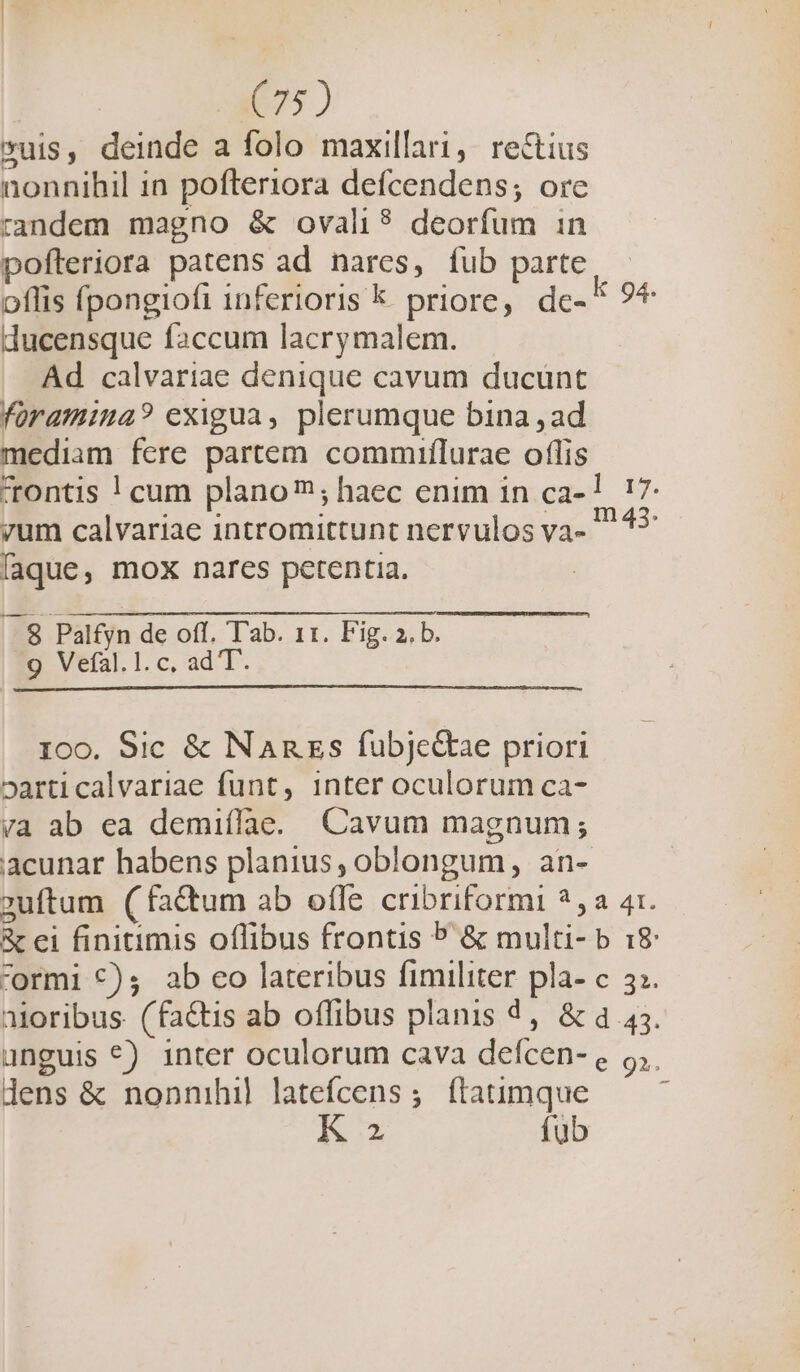 suis, deinde a folo maxillari, re&amp;ius nonnihil in pofteriora defcendens; ore randem magno &amp; ovali? deorfum in pofteriora patens ad nares, fub parte, oflis fpongiofi inferioris &amp; priore, dc- 94 ducensque faccum lacrymalem. Ad calvariae denique cavum ducunt foramina? exigua, plerumque bina , ad mediam fere partem commuiflurae offis rontis ! cum plano; haec enim in ca-l !7 yum calvariae intromittunt nervulos va- faque, mox nares petentia. ..8 Palfyn de off, Tab. 1r. Fig.3,b. 9 Vefal.1.c, ad T. Ioo. Sic &amp; Nanss fubjeQae priori j3articalvariae funt, inter oculorum ca- ya ab ea demiffae. (Cavum magnum; acunar habens planius; oblongum, an- zuftum (fadum ab offe cribriformi *,a 41. &amp; ei finitimis offibus frontis P &amp; multi- b 18 cormi €); ab eo lateribus fimiliter pla- c 32. aioribus (factis ab offibus planis d, &amp; a 45. unguis €) inter oculorum cava defcen- e o. dens &amp; nonnihil latefcens ; ftatimque K 2 fub