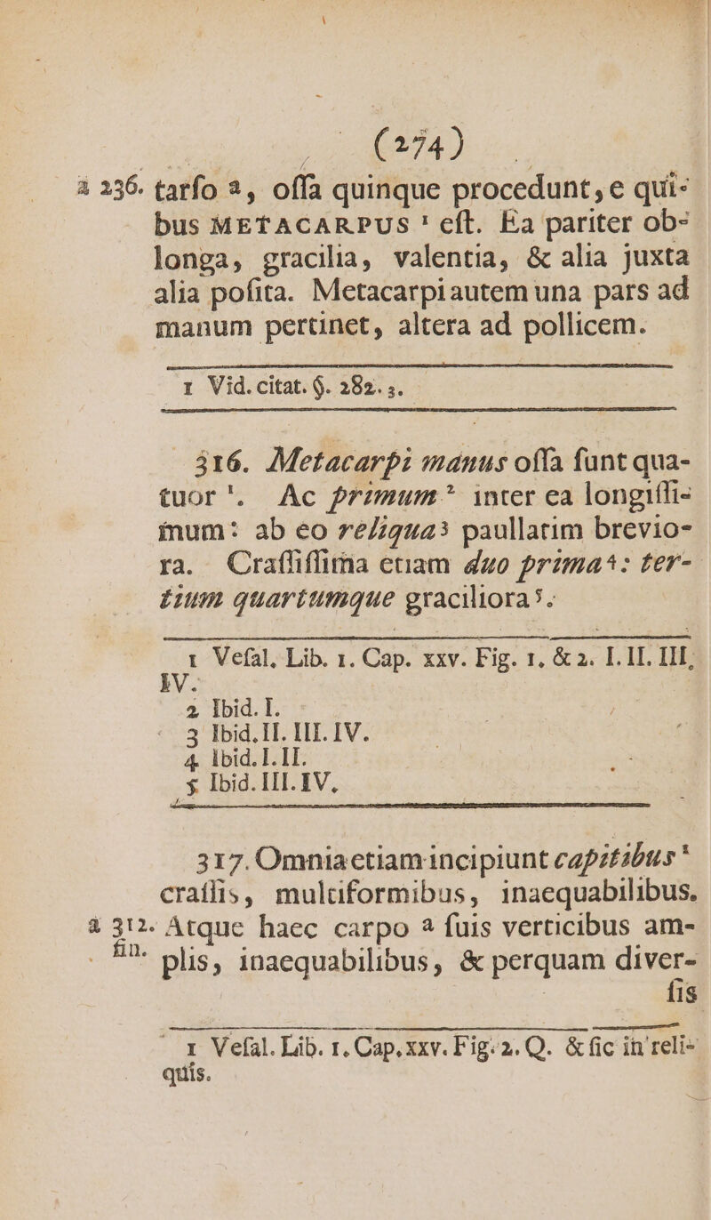ET VE ED Lu a 236. tarfo 2, offa quinque procedunt, e qui- bus METACARPUS ! eft. Ea pariter ob- longa, gracilia, valentia, &amp; alia juxta alia pofita. Metacarpiautem una pars ad manum pertinet, altera ad pollicem. 1 Vid.citat. $. 382. ;. 816. Metacarpi manus offa fant qua- tuor'. Ac przmum ^ inter ea longiffi- inum: ab eo re/igua3 paullatim brevio- ra. Crafliffirna etiam duo przma^: ter-- £utin quartumque graciliora 5. 6 Vefal. Lib. 1. Cap. xxv. Fig. 1. &amp; 2. L. IL. III, 2 Pill od | 3 Ibid. 1I. HII. IV. Ibid. I. LL. $ Ibid. III. IV, 317. Omniactiam incipiunt cpztabtus craffis, mulüformibus, inaequabilibus. à 312. Atque haec carpo 2 fuis verticibus am- ]* plis, inaequabilibus, &amp; perquam diver- | fis ^1 Velal. Lib. 1. Cap, xxv. Fig.2. Q. &amp; fic in reli- quis.
