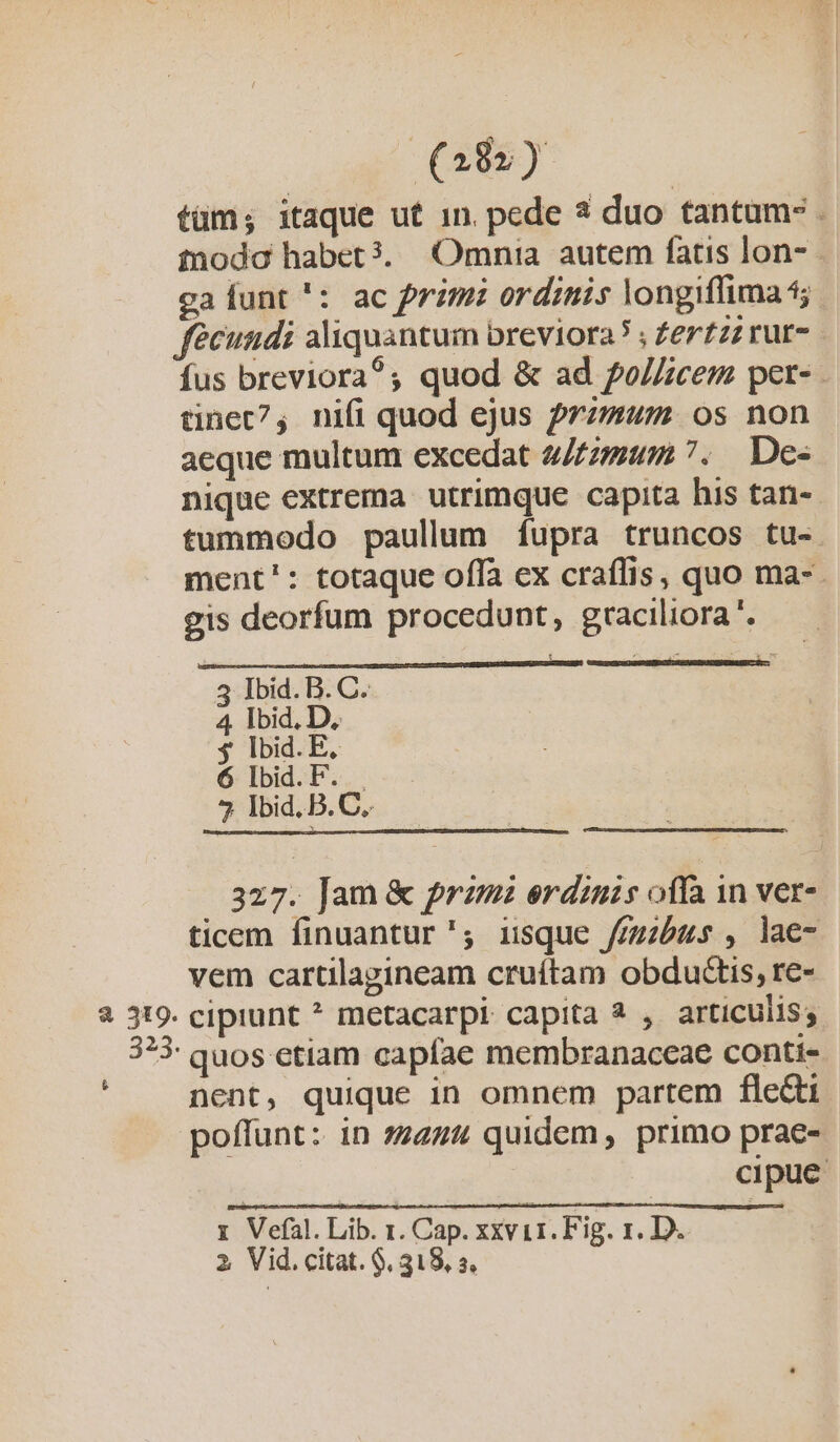 tüm; itaque ut in. pede ? duo tantum; . todo habet?. Omnia autem fatis lon- gaíunt': ac primi ordinis longiffima 4; fecundi aliquantum breviora? ; £ertzz rur- fus breviora?; quod &amp; ad fo//zcem per- . tinet?, ni(i quod ejus primum. os non aeque multum excedat 2//72um 7. De« nique extrema utrimque capita his tan- tummodo paullum fupra truncos tu-. ment': totaque off ex craflis, quo ma-. gis deorfum procedunt, graciliora '. 3 Ibid. B. C. 4 Ibid, D, $ lbid.E, 6 lbid.F. . y Ibid, B. C. 327. Jam &amp; przmz erdinis offa 1n ver- ticem finuantur'; isque fmzbus, lae- vem cartilagineam cruítam obdudis, re- 3 319. cipunt ^ metacarpi capita * , articulis; 373: quos etiam capfae membranaceae conti. nent, quique in omnem partem flecti. poffunt: in 72244 quidem, primo prae- cipue 1 Vefal. Lib. 1. Cap. xxvi1. Fig. 1. D. 2 Vid. citat. $. 318. s, $