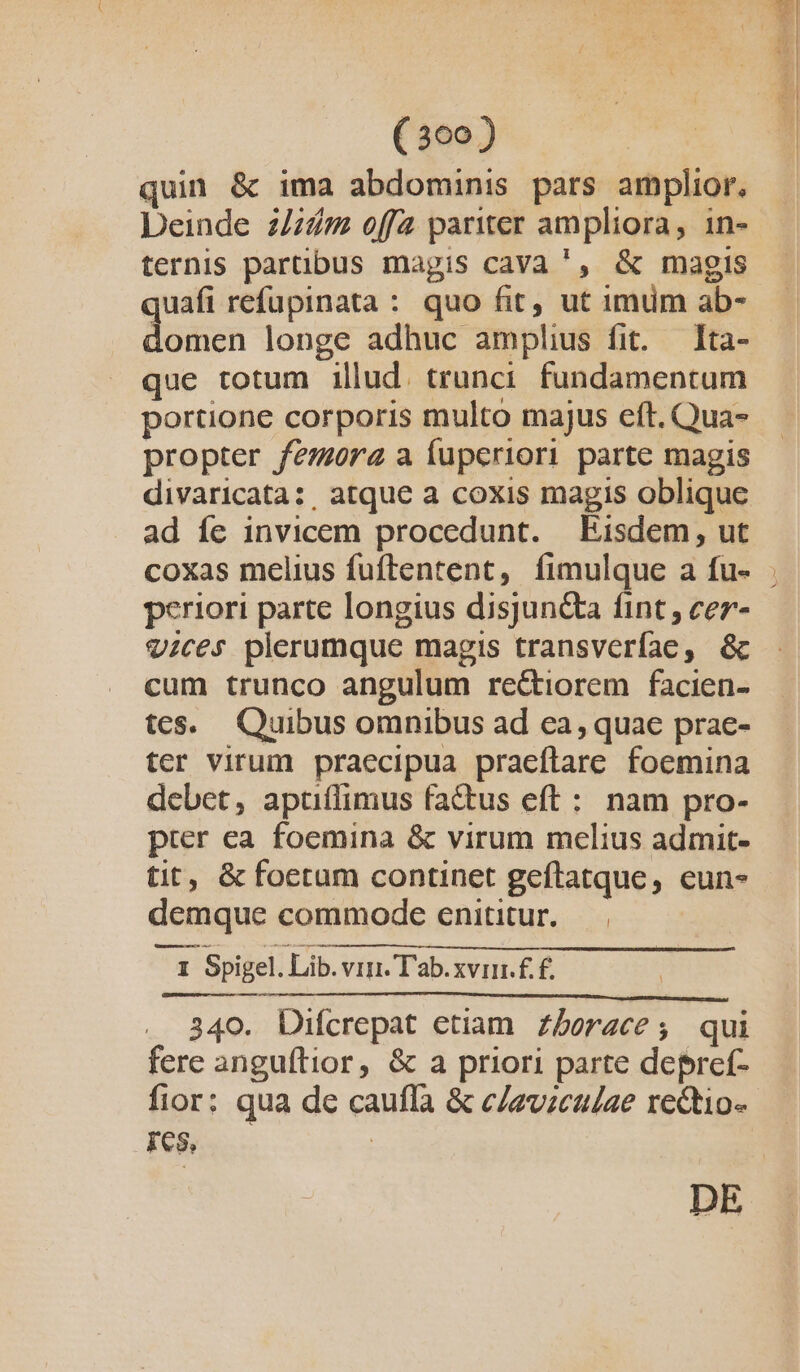 quin &amp; ima abdominis pars amplior. Deinde 2/247 offa pariter ampliora, in- ternis partibus magis cava ', &amp; magis omen longe adhuc amplius fit. Ita- que totum illud. trunci. fundamentum portione corporis multo majus eft. Qua- propter femurae a íuperiori parte magis divaricata:, atque a coxis magis oblique ad íe invicem procedunt. Eisdem, ut periori parte longius disjunQta fint , cer- vices plerumque magis transveríae, &amp; cum trunco angulum rectiorem facien- tes. Quibus omnibus ad ea, quae prae- ter virum praecipua praeflare foemina debet, aptílimus fa&amp;us eft: nam pro- pter ea foemina &amp; virum melius admit- tit, &amp; foetum continet geftatque, eun- demque commode enititur.— 1 Spigel. Lib. vir. T'ab.xvrr. f£. 340. Difcrepat etiam. Zborace ;, qui fere anguftior, &amp; a priori parte depref- fior: qua de caufla &amp; c/eviculae rectio- ies, | DE