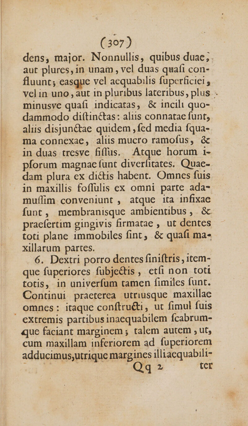 ' dens, major. Nonnullis, quibus duae, . aut plures, in unam , vel duas quafi con- fluunt; easque vel acquabilis fuperficiei velin uno , aut in pluribus lateribus, plus - minusve quafi indicatas, &amp; incili quo- dammodo diftinctas: alus connatae funt, aliis disjun&amp;tae quidem , fed media fqua- ma connexae, aliis mucro ramofus, &amp; in duas tresve fiflus. Atque horum 1- pforum magnae unt diverfitates. Quae- dam plura ex dictis habent. Omncs fuis in maxillis foffulis ex omni parte ada- muílim conveniunt , atque ita infixae funt, membranisque ambientibus , . &amp; praefertim gingivis firmatae , ut dentes toti plane immobiles fint ; &amp; quafi ma- xillarum partes. 6. Dextri porro dentes finiftris , item- que fuperiores fübje&amp;tis, etfi non toti totis, in univerfum tamen fimiles funt. Continui praeterea utriusque maxillae omnes: itaque conftru&amp;ti, ut fimul fuis que faciant marginem ; talem autem , ut, cum maxillam inferiorem ad fuperiorem adducimus;,utrique margines illiaequabili-  | .Qq^-z ter