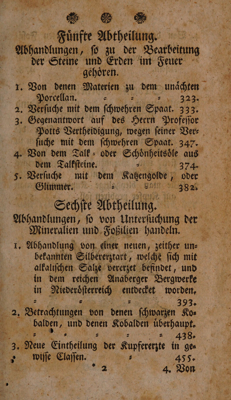 Fünfte Abtheilung. e ee ſo zu der wen der Steine und Erden im Feuer gehoͤren. | 5 5. Verſuche mit dem Ratengoße „ Oder e 7 5 1 . x Sechſte Abtheilung. | in dem reichen Anaberger Bergwerke in ee enlberfet worden. . 393. 1 25 e von beben ſchwarzen Ko⸗ J balden, und denen Kobalden überhaupt, VTV wiſſe ne au.