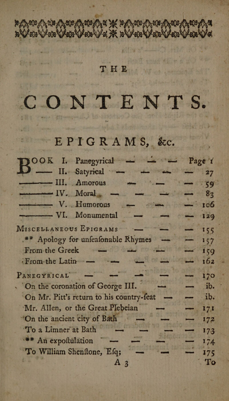 EPIGRAMS, &amp;c. JOOK I. Panegyricah — —. ss Page’y —— II. Satyrical ~—- = ee 7 — Ill. . Amorous ee eee — $9° -IV.. Moral, — = —w == 83 V...Humorouns _— — — 106 VI. Monumental — — eG Neataeis ANEOUS EPiGRAMS) =— — — 165) .** Apology for unfeafonable Rhymes —= = — 157 From the Greek _ oe —~ _— 15g «From-the Latm -— med — — mone PANEGYRICAL) — — —= = — 170 ‘On the coronation of George III. Shige: — ib. “On Mr. Pitt’s return to his country-feat — — — ib. ‘Mr. Allen, or the Great x aed _ — 171 On the ancient city of Bat — — — 172 ‘To a Limner at Bath wtb ages fi aha BE bos Wi ‘** An expoftilation ~— = — — 174 ke William Shenftone, Ef; — — — 475 Ir . To