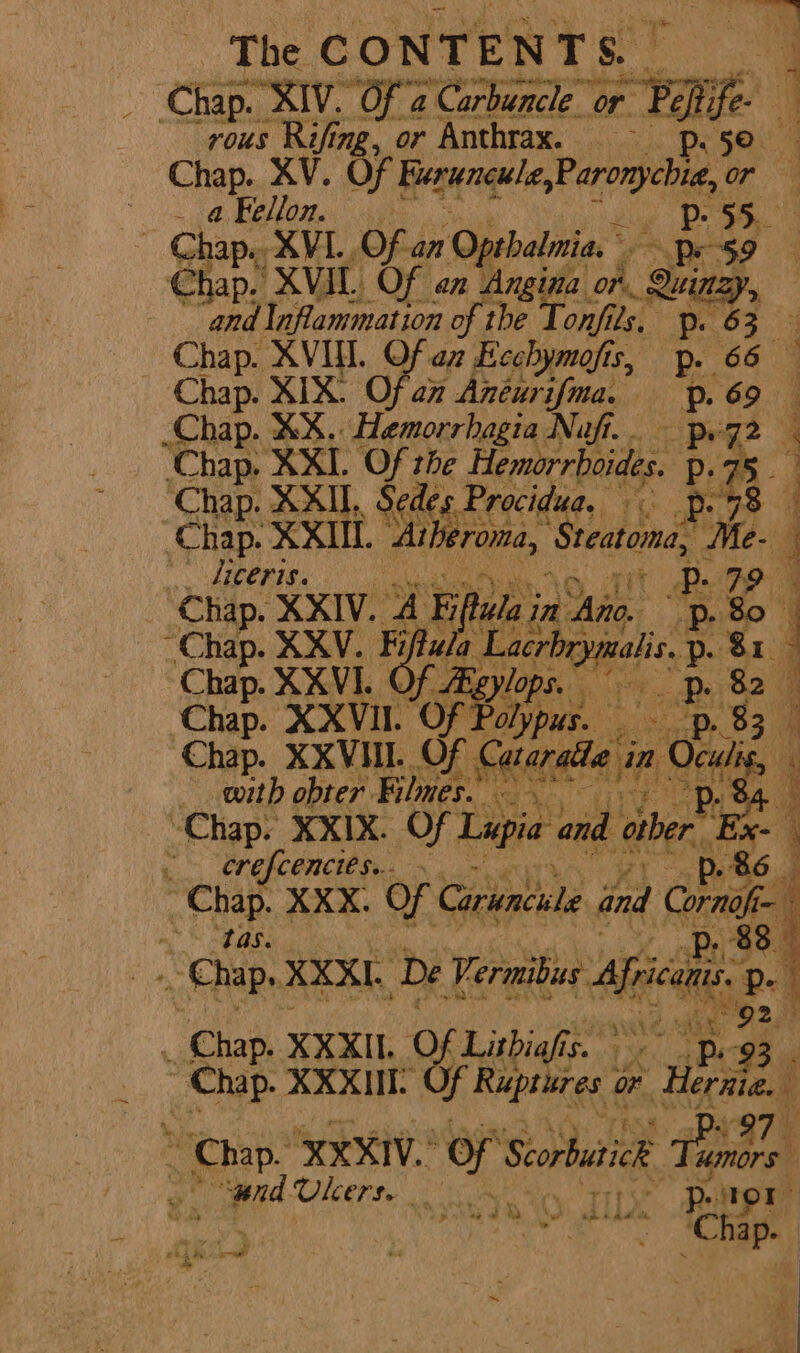 i a ‘Chap. “SIV. Os a oer or — rous Rifing, or Anthrax. sp. 5. : Chap. XV. Of Kueruncule,Paronycbia, or iy . 4, Bellon... 45. P55. ~ Chap. XVL. Of an ‘Opthalmia. Pk Ct 4, ‘XVIL. Of an Angina of, Qi “and Inflammation of the Tonfils. p. 6 3 z _ Chap. XVI. Of a7 Ecchymofis, p. 66 — Chap. XIX. Of a7 Anéurifma. p.69 — Chap. %%. Hemorrhagia Nufi.. pw q2 ‘Chap. XX. gy the Hemorrboides. Dian. Chap XXL, Sedes Procidua. p98 Chap. XXII. Aiberoma, ity outs | a4 ECPI E cehekhenn rit _ Chap. XXIV. 4 EA a in. Ao, “Chap. XXV. Of Rol C? wow XXIY. HOF Lapa CVEFCORCE Ss te: 4 Tee XXX. Of eae oa 4 Cage * | 88 4 Chap. XXXI, ‘De Vernibus Ape. pe i AD ae aoe _ Chap. XXXII. Of Litbiafis. its, i. e Chap. XXXII vi Ruptieres or ee f ‘ Chap. XXXIV.’ Of Scorbutick Tone e. ee, bc Ri, anne p. tor w a | se Nt wih &amp; Aa al &gt; adh ’ ‘Chap. aay Sissy ‘ Bee’ ee we + | -~ ifs ~ I ; $ | Py