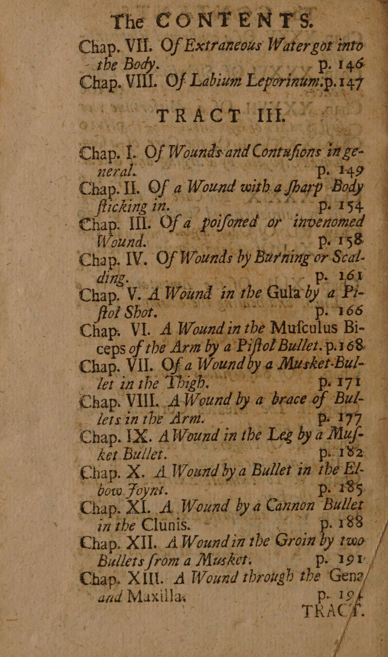 Chap. Vil. Of Extrancous Wider sis ot. VILL Of cee 7 . ‘preety! irr eh) ag re on wa A noe sat or Wounds and Ca in, C- Ree | aa Mg Chap. Th. Of « a Wound with a foarp B. Slacking i ite. I Chap. IL Ofe pilfered of invent ) ak &amp; ‘Wound. ; Chap. OW. Of Winds shy barhing St | can. AW rn) nth a ula Gs Cha in the : a “a P nee Pui iie Hy) Chap. VI. A Wound im the M . ceps gf et iilah ry a Pi “a Chap. Vi d by m4 Ten e2* ‘, Pcie ‘Tet in the Chap. VIL A Wound by a brace ¢ “letsin the Arm. Be TF ‘Chap. UX. AWound i in Me rea lig ket Bullet. pil 82: ‘Chap. X. A Wound lye Bullet in the. es bow. Foynt. “185. Chap. KL AL Wound bya Cannon Dad rs. pitt the Clunis. = pe a hap. XII. .AWoundin the Groin 4g z Pils Se NES Se eer * aa from a Musket. | 19r/ Chap, XIU A Wound through the ‘Gena and Maxillac : Me |