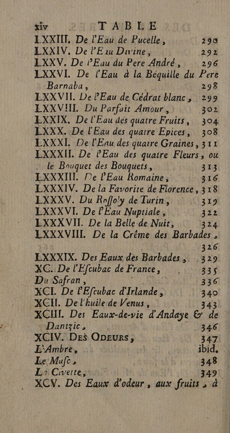 IXXTIT, De l'Eau de Pucelle, 290 : EXXIV, De l'Eau Divine, 292 LEXXV. De PEuu du Pere Andrée, 296 LXXVI. De l'Eau à la Béquille du Pere Barnaba, : 298 LXXVII. De PEau de Cédrat blanc, 299 EXXVIIL Du Parfait Amour , 302 EXXIX. De l'Eau des quatre FAN , 304 EXXX. De l'Eau des quatre Epices, 308 EXXXI De l'Enu des quatre Graines, 311 LEXXXIL De Eau des quatre Fleurs, ou . le Bouquet des Bouquets, 313 EXXXII. Ne PEau Romaine, 316 LXXXIV. De la Favorite de Florence, 318 EXXXV. Du Roffo'y de Turin, : : 3x9 EXXXVI. De l'Eau Nuptiale, 322 EXXX VIT De la Belle de Nuit, 324 LXXXVIIL De la Crême des Barbades, 326 LXXXIX. Des Eaux des. Par bid 5,829 XC: De l'Efcubac de France, 335$ Du Safran, ; 336 XCL De PEfcubac d'Irlande, 4 XCI. De l'huile de Venus, XCHL Des Eaux-de-vie d'Andaye &amp; de . «Dantzic, | 346 XCIV. Des OpeEurs, AT E'Ambre, ibid, Li Eiveite, 349 XCW. Des Eaux d'odeur , aux fruits , à