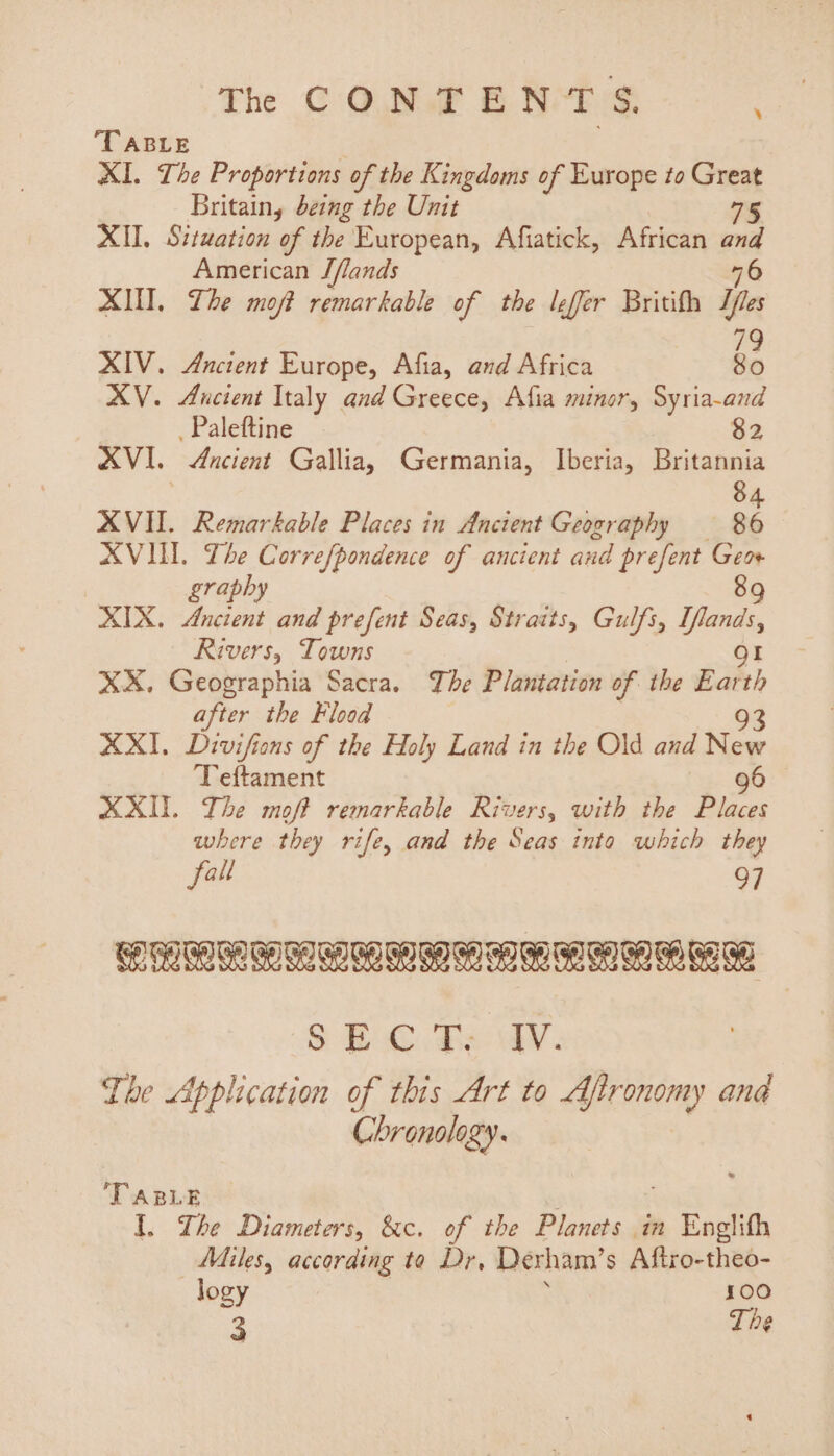 Th CONTENTS. ‘ TABLE XI. The Proportions of the Kingdoms of Europe to Great Britain, being the Unit 75 XII. Situation of the European, Afiatick, African i American S/lands XIU, The mot remarkable of the leffer Britifh Tes XIV. Anctent Europe, Afia, and Africa $6 XV. Ancient Italy and Greece, Afia minor, Syria-and _Paleftine 82 AVI. Ancient Gallia, Germania, Iberia, Britannia 84 XVII. Remarkable Places in Ancient Geography 86 XVI. The Correfpondence of ancient and prefent Geo graphy . 89 XIX. Ancient and prefent Seas, Straits, Gulfs, Iflands, Rivers, Towns QI XX. Geographia Sacra. The Plantation of the Earth after the Flood 93 XXII. Divifions of the Holy Land in the Old and New Teftament 96 © XXII. The moft remarkable Rivers, with the Places where they rife, and the Seas into which they fall 97 CUVRVLGRVOVKKLMVRwee o Bie ais ay: The Application of this Art to Afironomy and Chronology. ‘TABLE I. The Diameters, 8c. of the Planets in » Englith Miles, according to Dr, Derham’ s Aftro-theo- logy 100 3 The