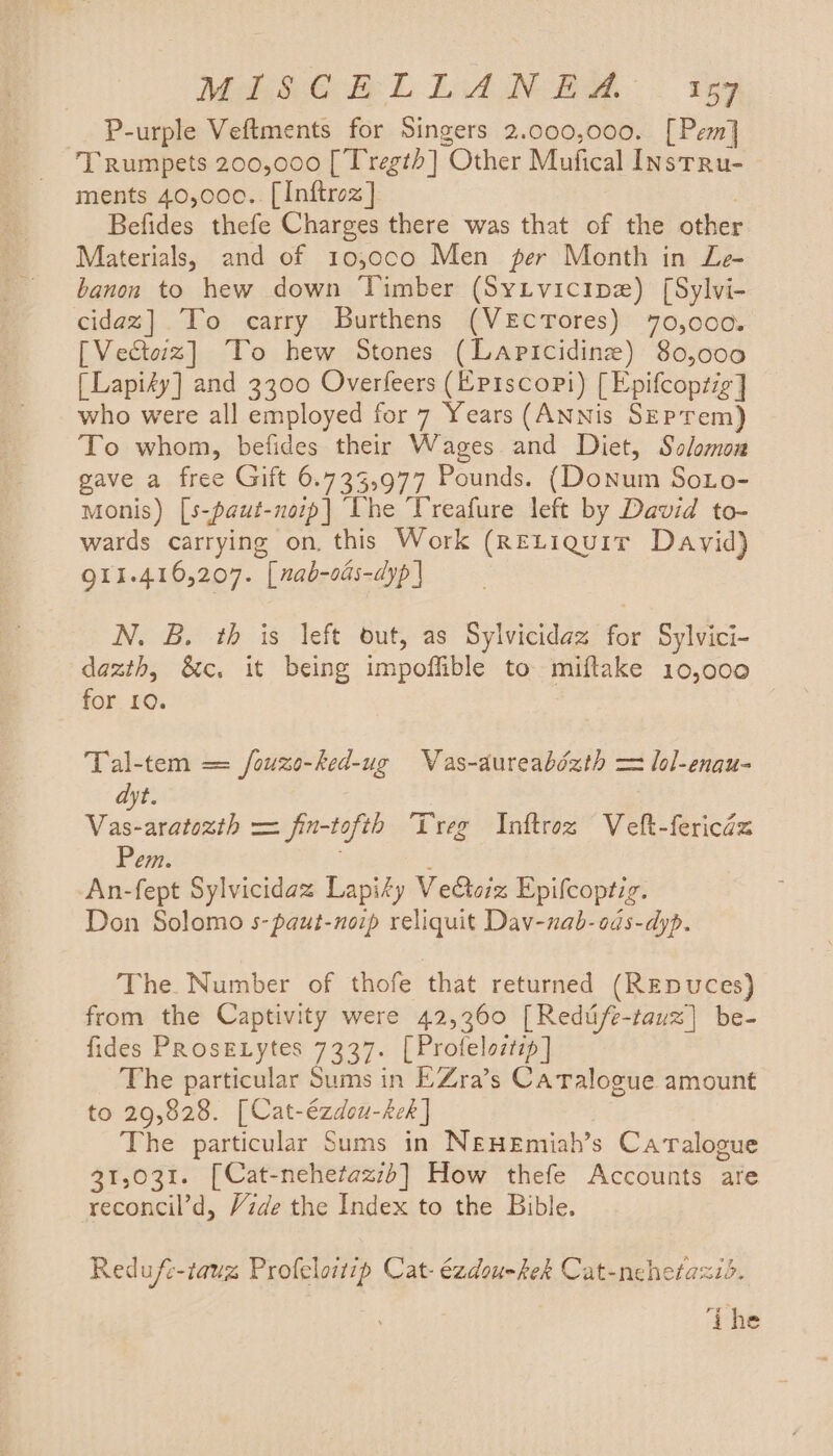 MHEG BL LANEA . ing P-urple Veftments for Singers 2,000,000. [Pem] Trumpets 200,000 [ Tregth] Other Mufical InstRu- ments 40,000. [Inftroz] | Befides thefe Charges there was that of the other Materials, and of 10,0co Men per Month in Le- banon to hew down Timber (Sytvicipe) [Sylvi- cidaz] To carry Burthens (VEcTores) 70,000. [Vectaz] To hew Stones (Lapicidinze) 80,000 [Lapify] and 3300 Overfeers (Episcopi) [Epifcopzig] who were all employed for 7 Years (ANNis SEPTem) To whom, befides their Wages and Diet, Solomon gave a free Gift 6.733,977 Pounds. (Donum Soto- Monis) [s-paut-noip| The Treafure left by David to- wards carrying on, this Work (RELiguir Dayid) g11.416,207. [nab-oas-dyp | N. B. th is left out, as Sylvicidaz for Sylvici- dazth, &amp;c, it being impoffible to miftake 10,000 for 10. Tal-tem = fouzo-hed-ug Was-dureabézth = lol-enau- dyt. Vas-aratezth = fin-tofth ‘Treg Inftroz Velt-fericdz Pem. ; An-fept Sylvicidaz Lapity Vedtorz Epifcoptig. Don Solomo s-paut-noip reliquit Dav-nab-ods-dyp. The. Number of thofe that returned (REDUuCes) from the Captivity were 42,360 [Redtife-tauz] be- fides Prosexytes 7337. [Profeloztip] The particular Sums in EZra’s Catalogue amount to 29,828. [Cat-ézdou-kek ] The particular Sums in NeHemiah’s Catalogue 31,031. [Cat-nehetazzb] How thefe Accounts are reconcil’d, Vzde the Index to the Bible. Redufc-tauz Profeloitip Cat- ézdou-kek Cat-nehetaxid. Ghe