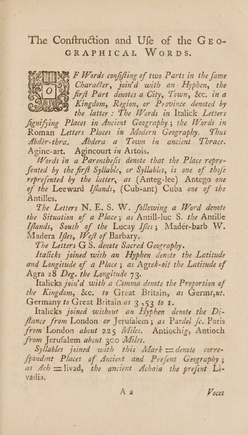 The Conftruction and Ufe of the Gro- GRAPHICAL WorRDSsS. bes F Words confifting of two Parts in the fame s) Character, join’d with an Hyphen, the $2 firft Part denotes a City, Town, &c, in a O@ Kingdom, Region, or Province denoted by ~ the latter: The Words in Italick Letters Saenifving Places in Ancient Geography; the Wards in Roman Letters Places in Modern Geography. bus Abdér-thra. Abdera a Town in ancient Thrace. Aginc-art. Agincourt zz Artois. “Words in a Parenthefis denote that the Place repre- fented by the firft Syllable, or Syllables, is one of thofe reprefented by the latter, as (Anteg-lee) Antego one of the Leeward Lflands, (Cub-ant) Cuba one of the Antilles. The Letters N. E.S. W. following a Word denote the Situation of a Place; as Antill-luc 8. tbe Antille Tflands, South of the Lucay Dfles; Madér-barb W. Madera Ifles, Weft of Barbary. The Letters GS. denote Sacred Geography. Ltalicks joined with an Hyphen denote the Latitude and Longitude of a Place; as Agrek-oit the Latitude of Agra 28 Deg. the Longitude 73. Italicks join’d with a Comma denete the Proportion of the Kingdom, &c. to Great Britain, as Germt,at. _Germany to Great Britain as 3,53 to 1. Italicks joined without an inher denote the Di- france from London or Jerufalem; as Pardel fe. Paris from London about 225 Adiles. Antiochig, Antioch from Jerufalem about 300 Miles, Syllables joined with this Mark == denote corre- fpondent Places of Ancient and Prefent Geography ; as Ach =livad, the ancient Achaia the prefent Li- vadia. Aa Voces