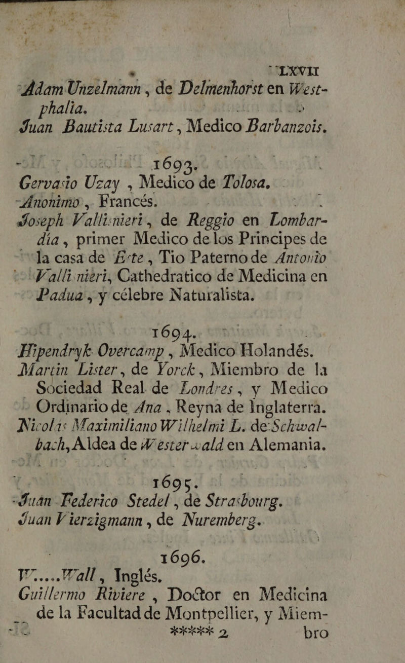 Adam Vibbiminte; de Delmenhorst en West- phalia. Juan Bautista Lusart , Medico Baba olg 1693. LM Uzay , Medico de Tolosa. Anonimo, Francés | 1 Joseph Vallisniert, de Reggio en nil día, primer Medico de los Principes de “la casa de £'te , Tio Paternode Antonio Walli.nizri, Cathedratico de Medicina en Padua, us célebre Naturalista. PHipendryk Üilodoz 3 D iedico Holandés. Martin Lister, de Yorck, Miembro de la Sociedad Real de Led 25, y Medico - Ordinario de Za , Reyna de Inglaterra. Nicolas Maximiliano Wilhelmi L. de: Sehival- ¿haci Aldea de Wester wald en Alemania. 1695. 4 uan Federico Stedel , de Duo nm Juan V ierzigmann , de ct C V7.....Wall , Ynglés. Guillermo Ribiere , Doctor en Medicina .. de la Facultad de Montpellier, y Miem- dG ARA 2 bro